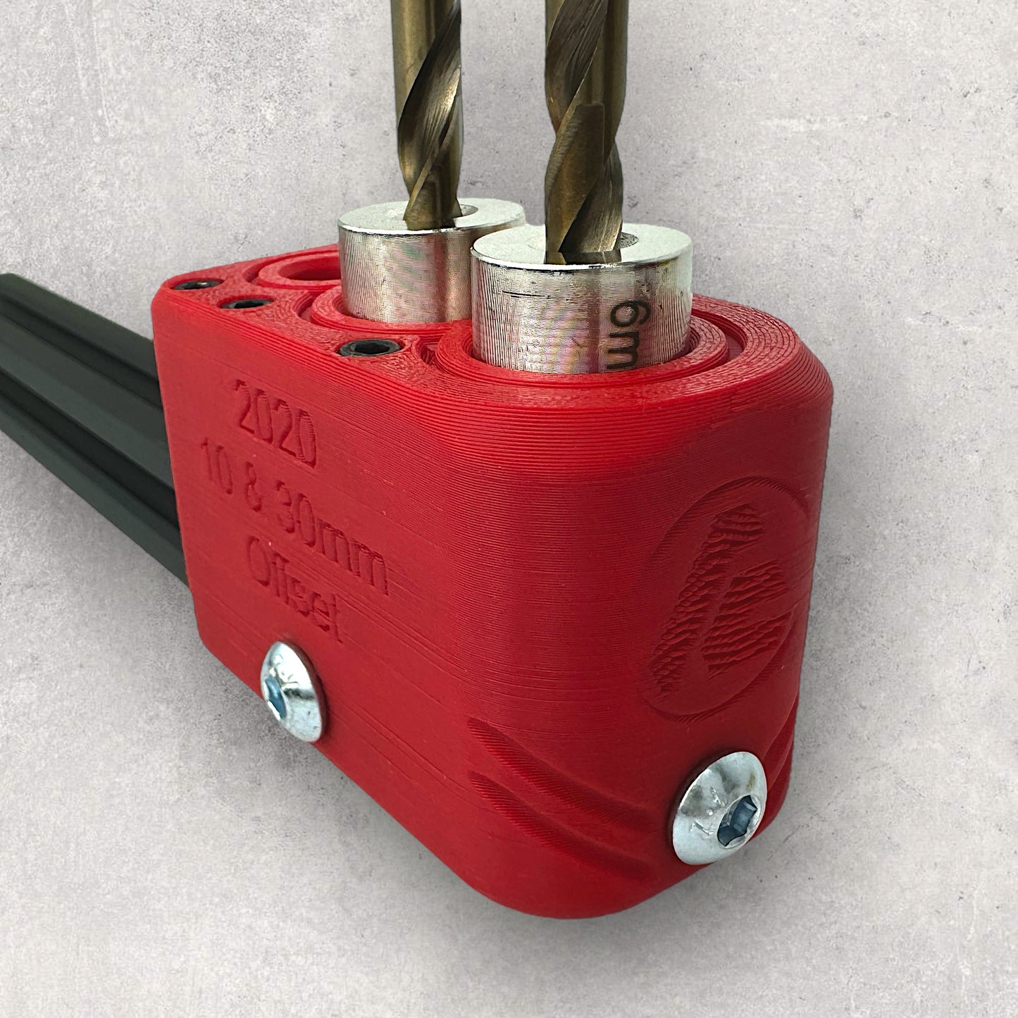 8020, 80/20, 2020, 2020 aluminum, 2020 aluminium, 20 Series, Aluminum Extrusion, Drilling Jig, Precision Drilling, Precision Hand Tool, 2020 10 & 30mm Offset Drilling Jig, Drill Bits Front View
