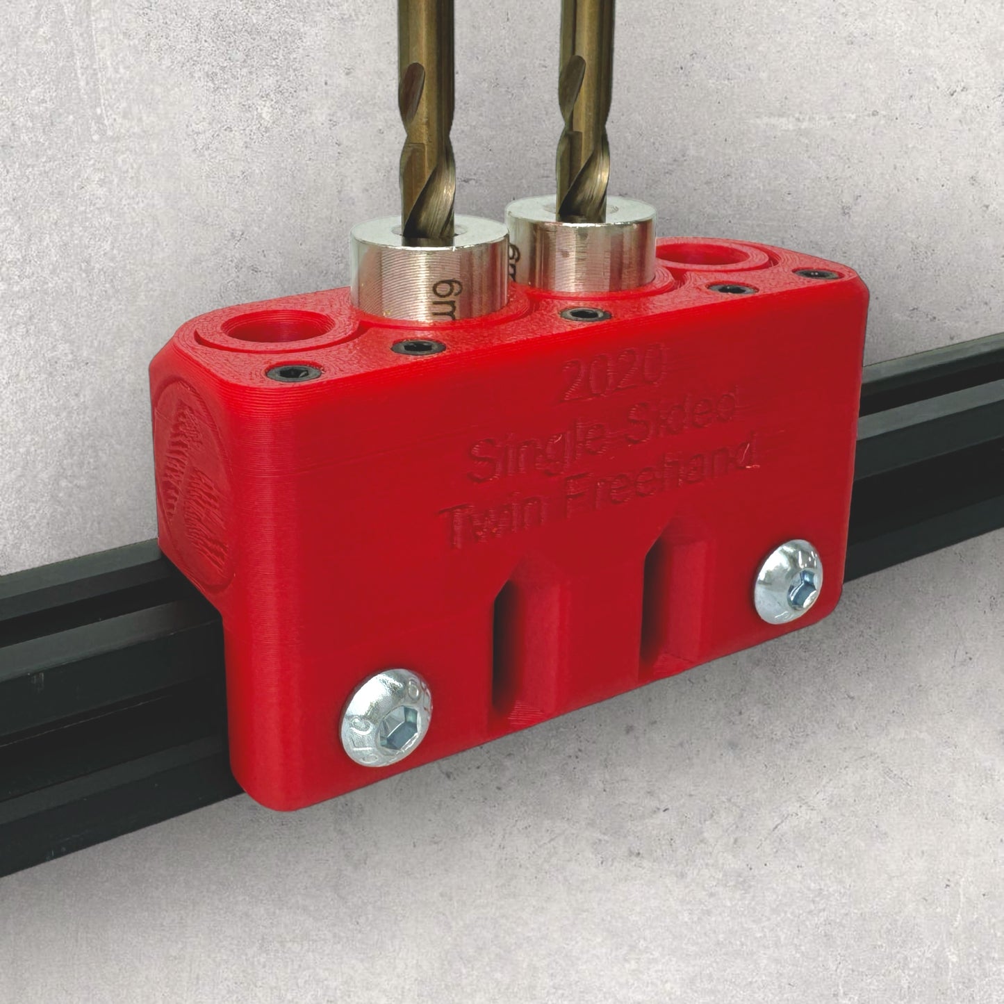 8020, 80/20, 2020, 2020 aluminum, 2020 aluminium, 20 Series, Aluminum Extrusion, Drilling Jig, Precision Drilling, Precision Hand Tool, 2020 Single Sided Twin Freehand Drilling Jig, Drill Bits Front View