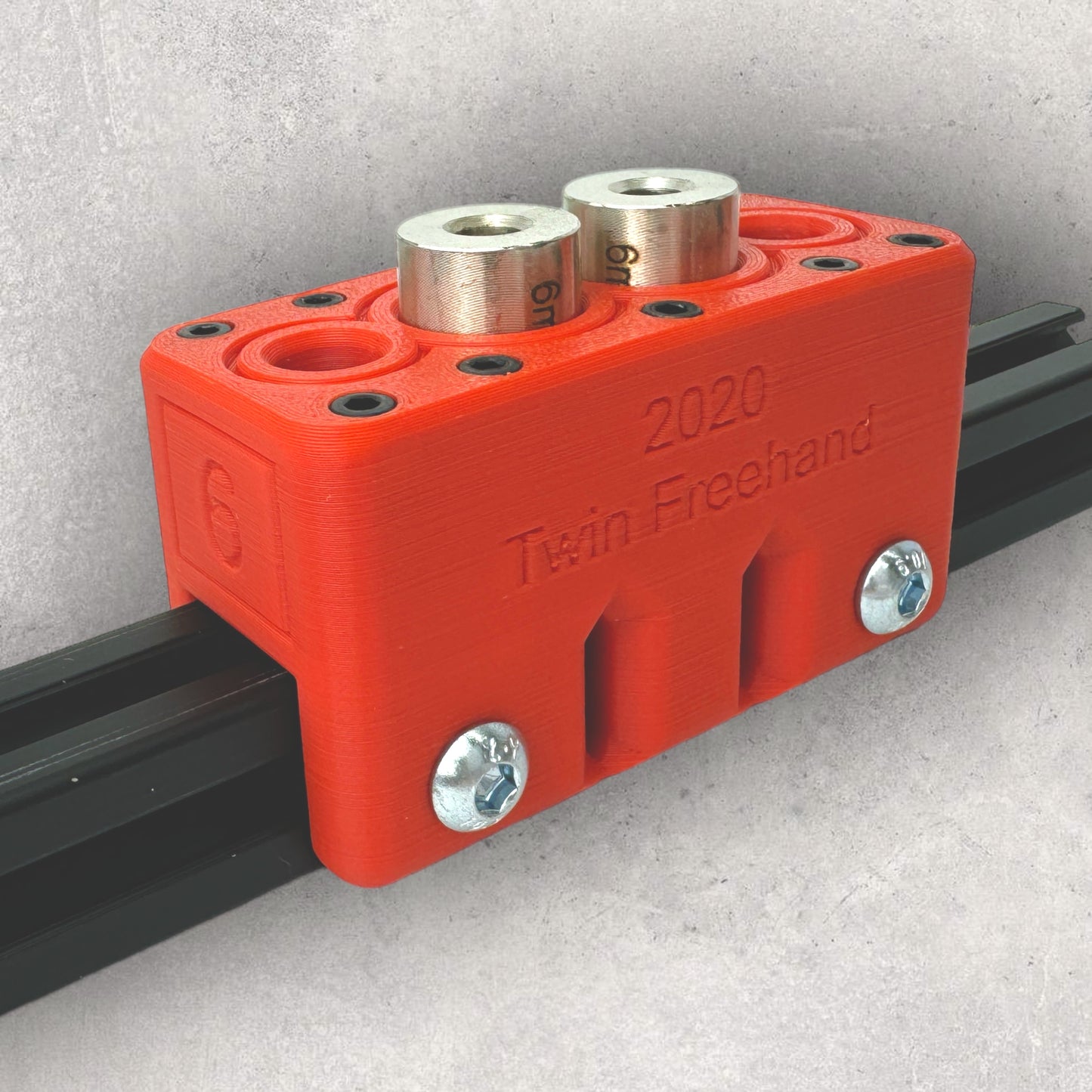 8020, 80/20, 2020, 2020 aluminum, 2020 aluminium, 20 Series, Aluminum Extrusion, Drilling Jig, Precision Drilling, Precision Hand Tool, 2020 Twin Freehand Drilling Jig, Front View