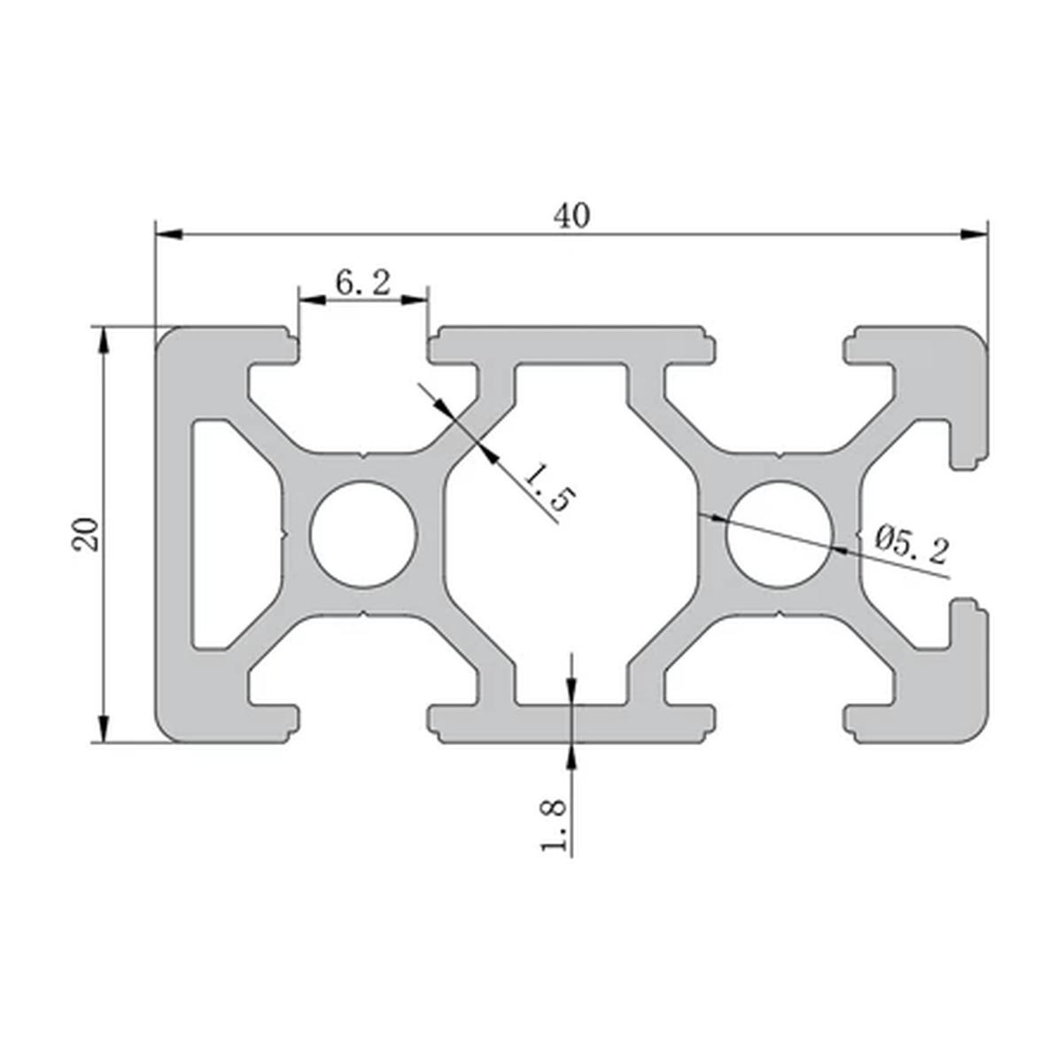 2040N1-20 profile cross-section with dimensions