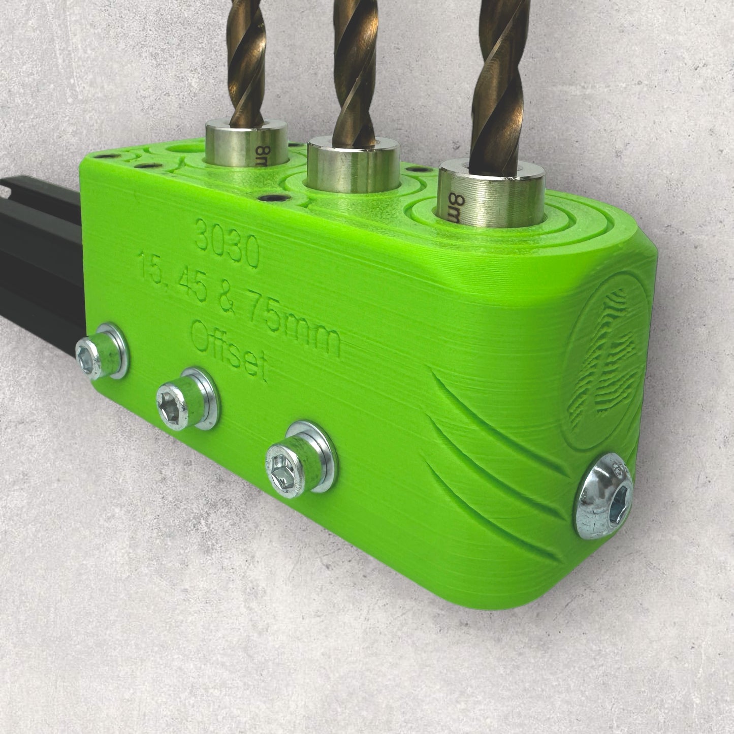 8020, 80/20, 3030, 3030 aluminum, 3030 aluminium, 30 Series, Aluminum Extrusion, Drilling Jig, Precision Drilling, Precision Hand Tool, 3030 15 & 45 & 75mm Offset Jig, Drill Bits Front View
