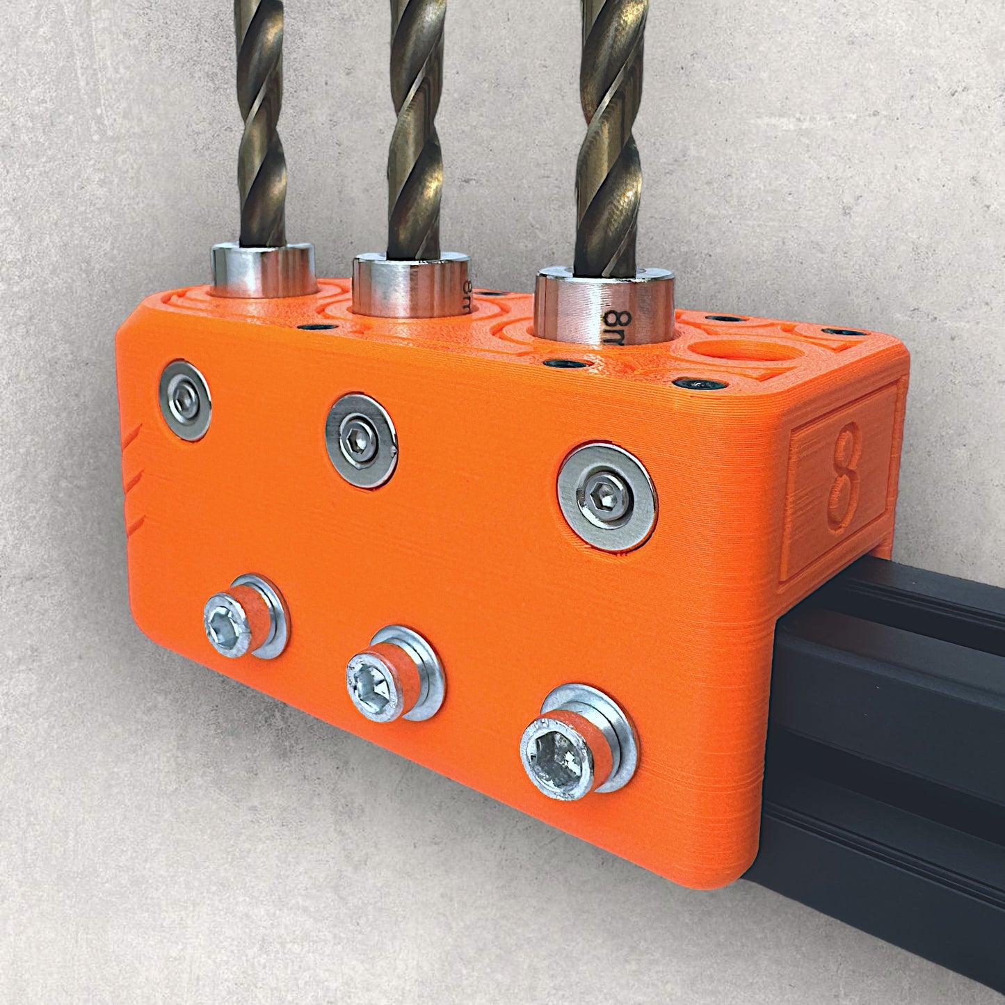 8020, 80/20, 3030, 3030 aluminum, 3030 aluminium, 30 Series, Aluminum Extrusion, Drilling Jig, Precision Drilling, Precision Hand Tool, 3030 9 & 39 & 69mm Offset Drilling Jig, Drill Bits Back Left View