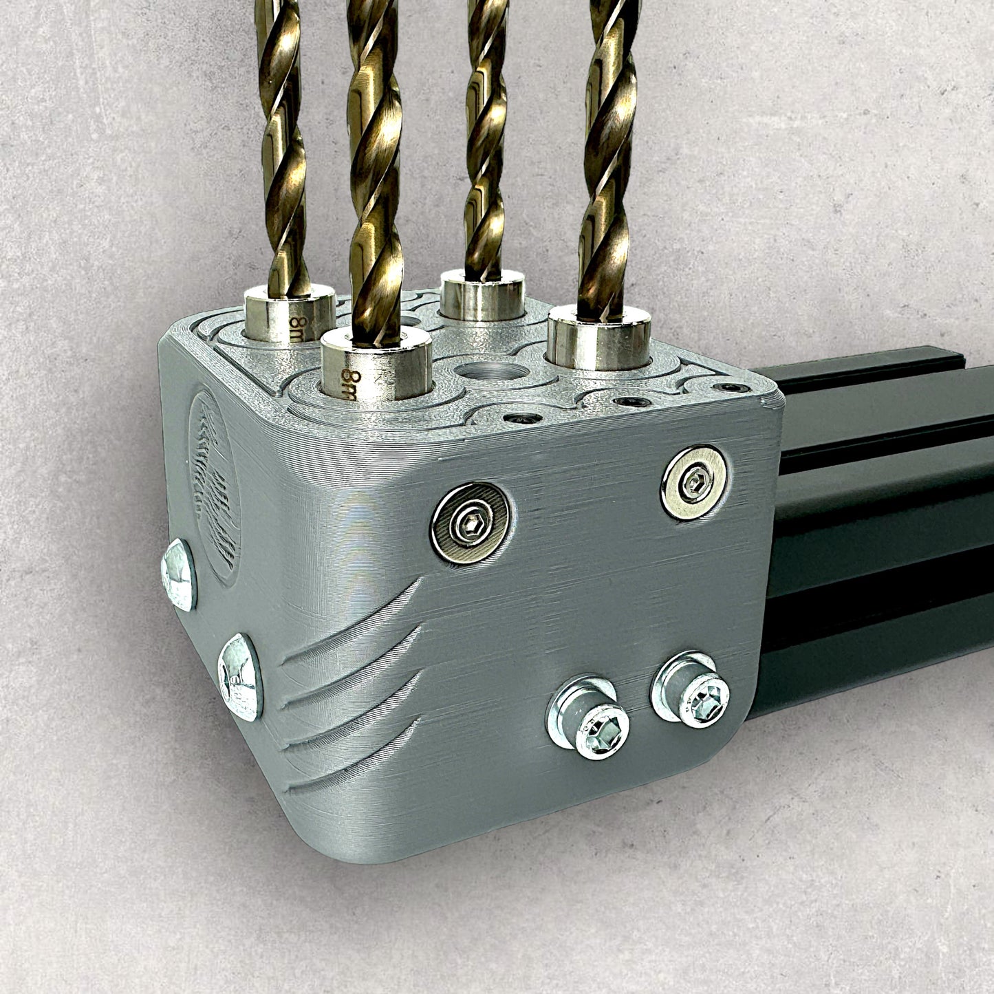 8020, 80/20, 4040, 4080, 4040 aluminum, 4080 aluminum, 4040 aluminium, 4080 aluminium, 40 Series, Aluminum Extrusion, Drilling Jig, Precision Drilling, Precision Hand Tool, 4080 14 & 54mm Offset Drilling Jig, Drill Bits Left View