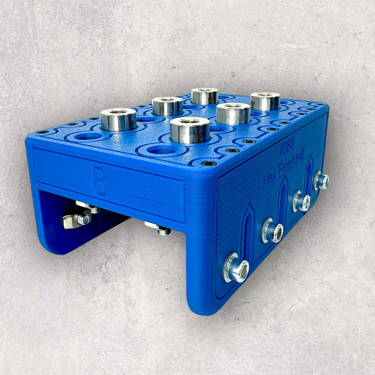 8020, 80/20, 4040, 4080, 4040 aluminum, 4080 aluminum, 4040 aluminium, 4080 aluminium, 40 Series, Aluminum Extrusion, Drilling Jig, Precision Drilling, Precision Hand Tool, 4080 Hex Freehand Drilling Jig, Back Right View