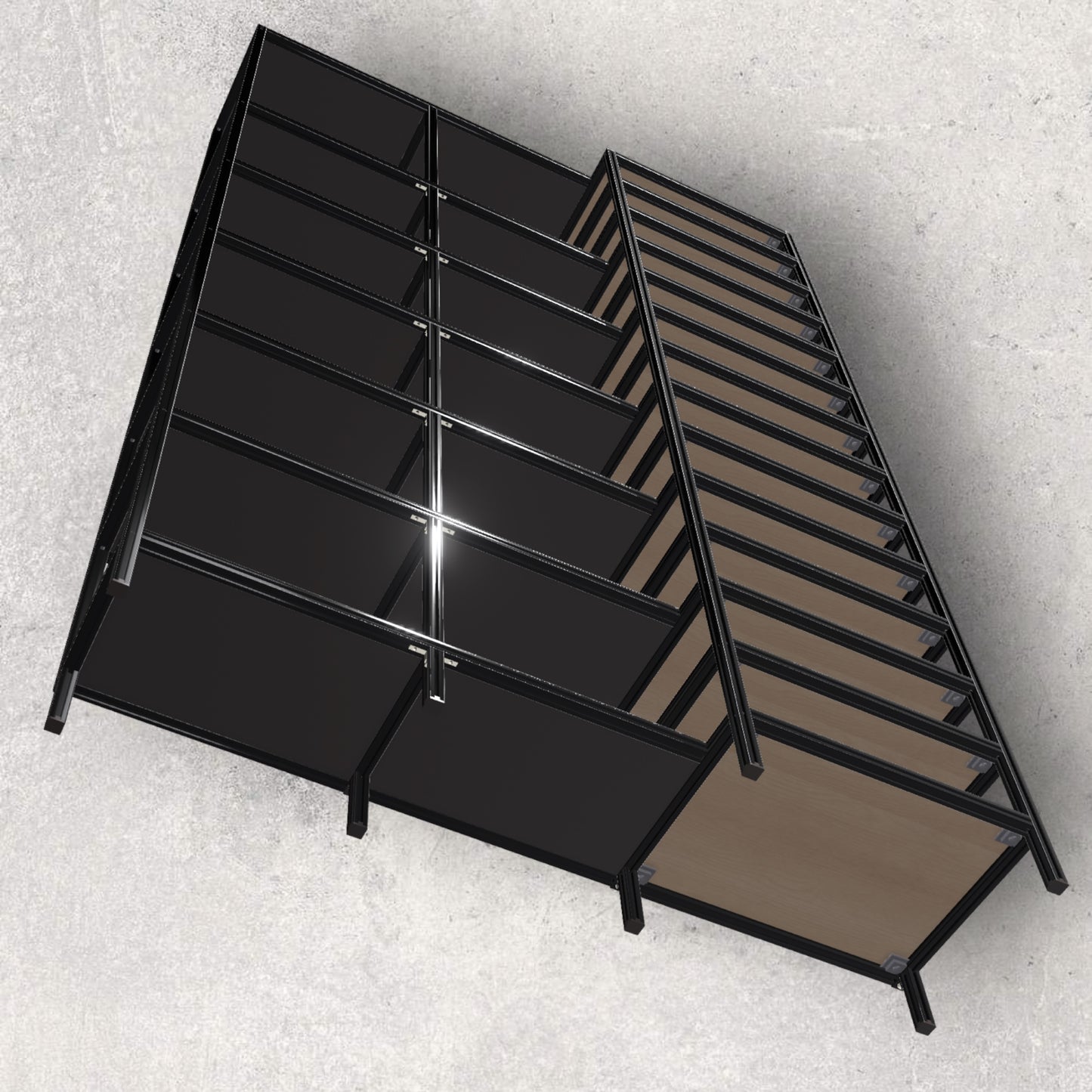 Aluminum Shelf, Study Room Shelf, Multipurpose, Aluminum Design, 3D Model, material fusion, digital download, aluminum extrusion structure, build plan, cad, the aluminum carpenter, 8020, 80/20, bottom view