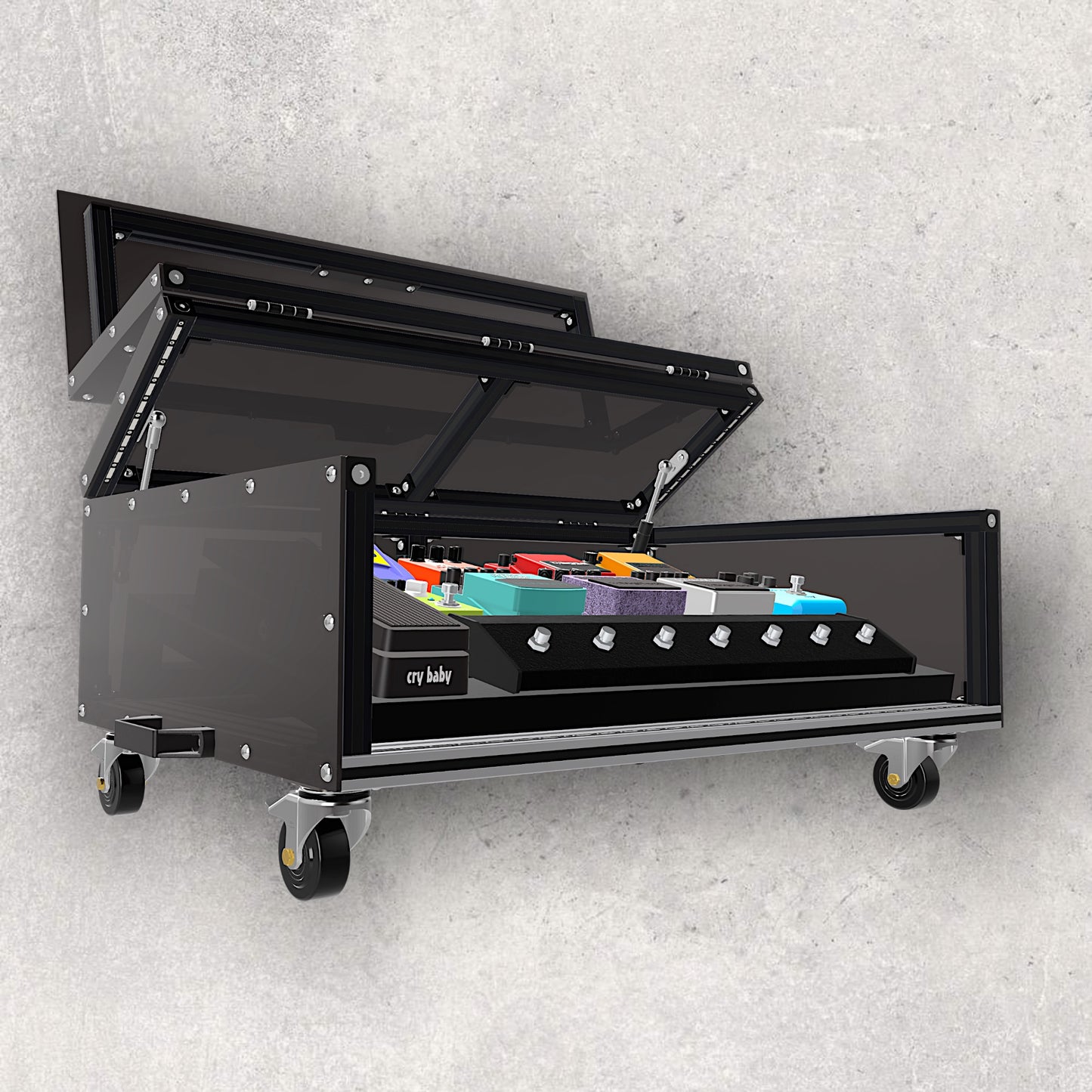 Guitar Pedalboard, Guitar Pedalboard Case, Pedalboard Box, Musicians' Box, Mobile Case, Material Fusion, Flip Lid Case, Magnetic Lid Case, Design, Plans, Build Plans, Aluminum Extrusion Design, CAD, CAD File, Digital Download, Digital, Aluminum Extrusion, Aluminium Extrusion, 8020, 80/20, Pedals View