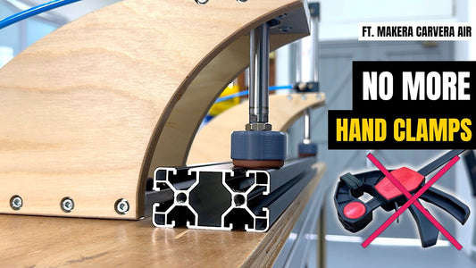 Pneumatic press system with two press units mounted on a dog-hole workbench, machined on a Makera Carvera Air — build video