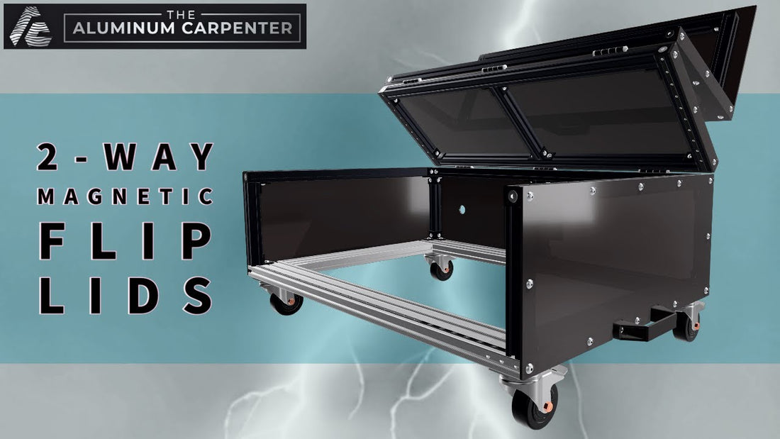 Aluminum extrusion guitar pedalboard case with two-part magnetic lid on gas struts — build video