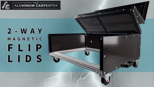 Aluminum extrusion guitar pedalboard case with two-part magnetic lid on gas struts — build video