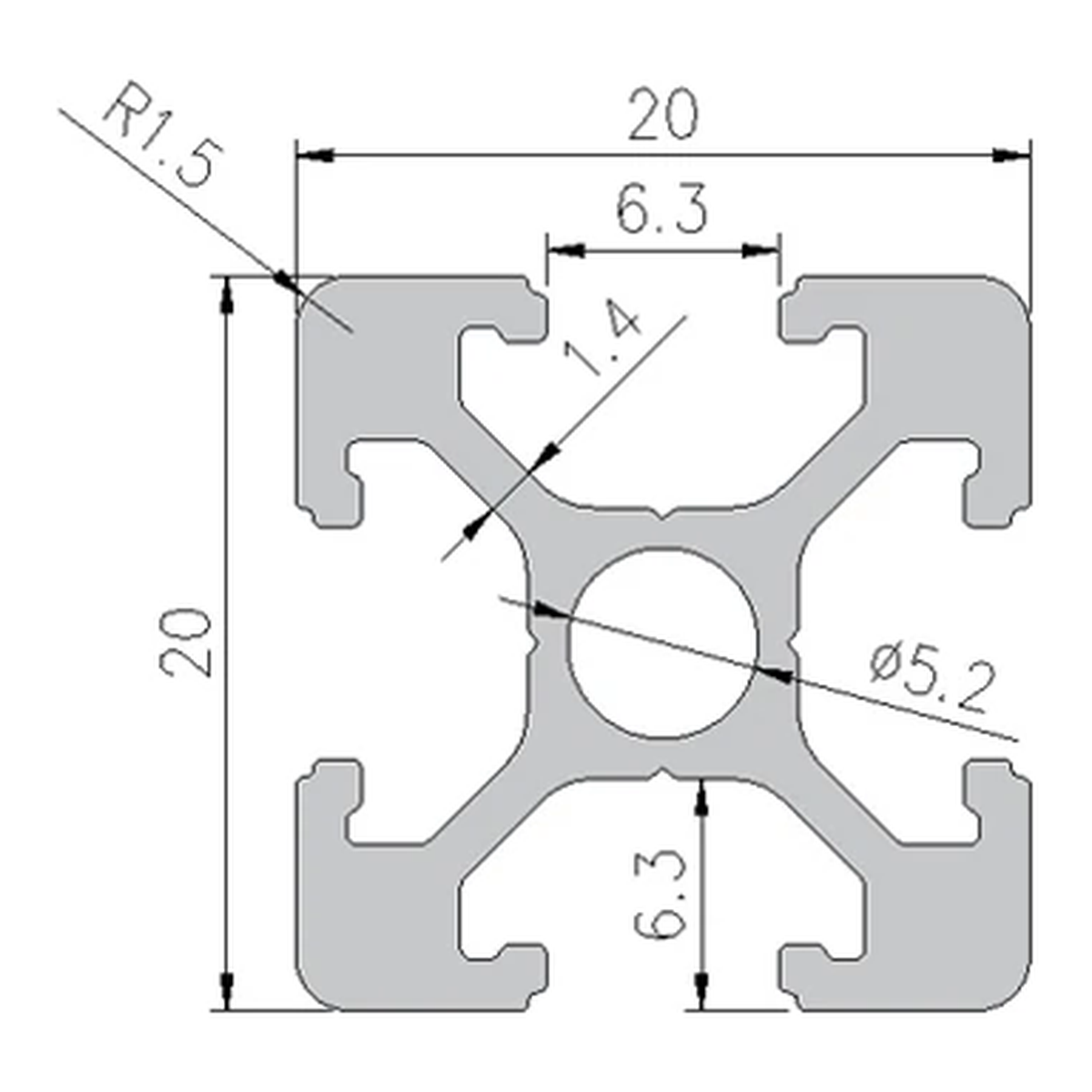 2020 profile cross-section with dimensions