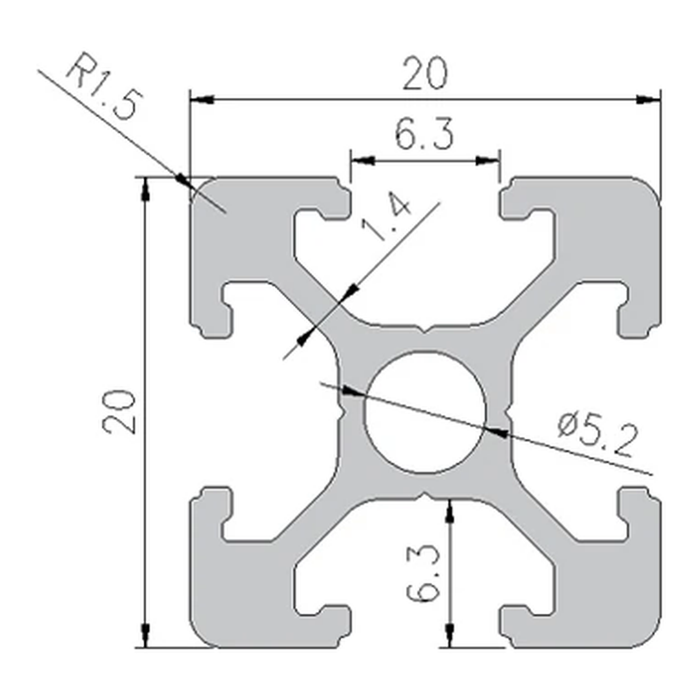 2020 profile cross-section with dimensions