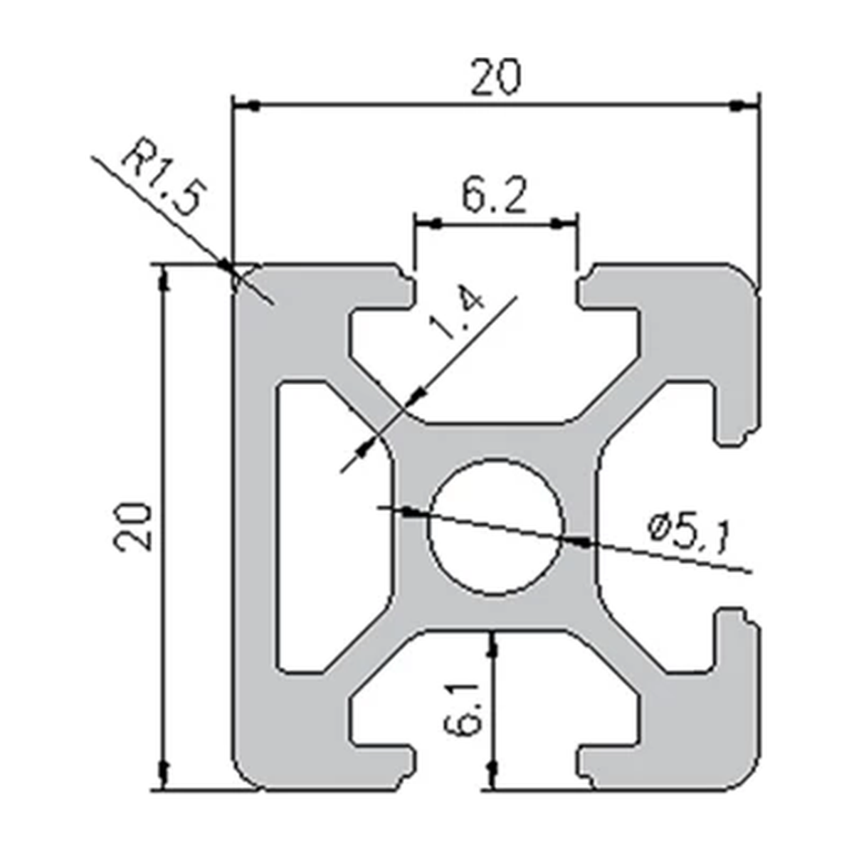 2020N1 profile cross-section with dimensions