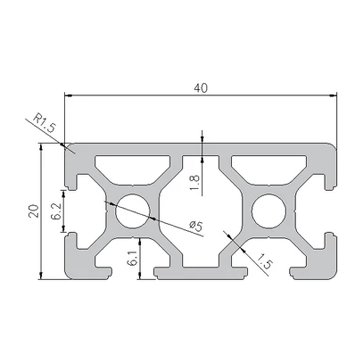 2040N1 profile cross-section with dimensions