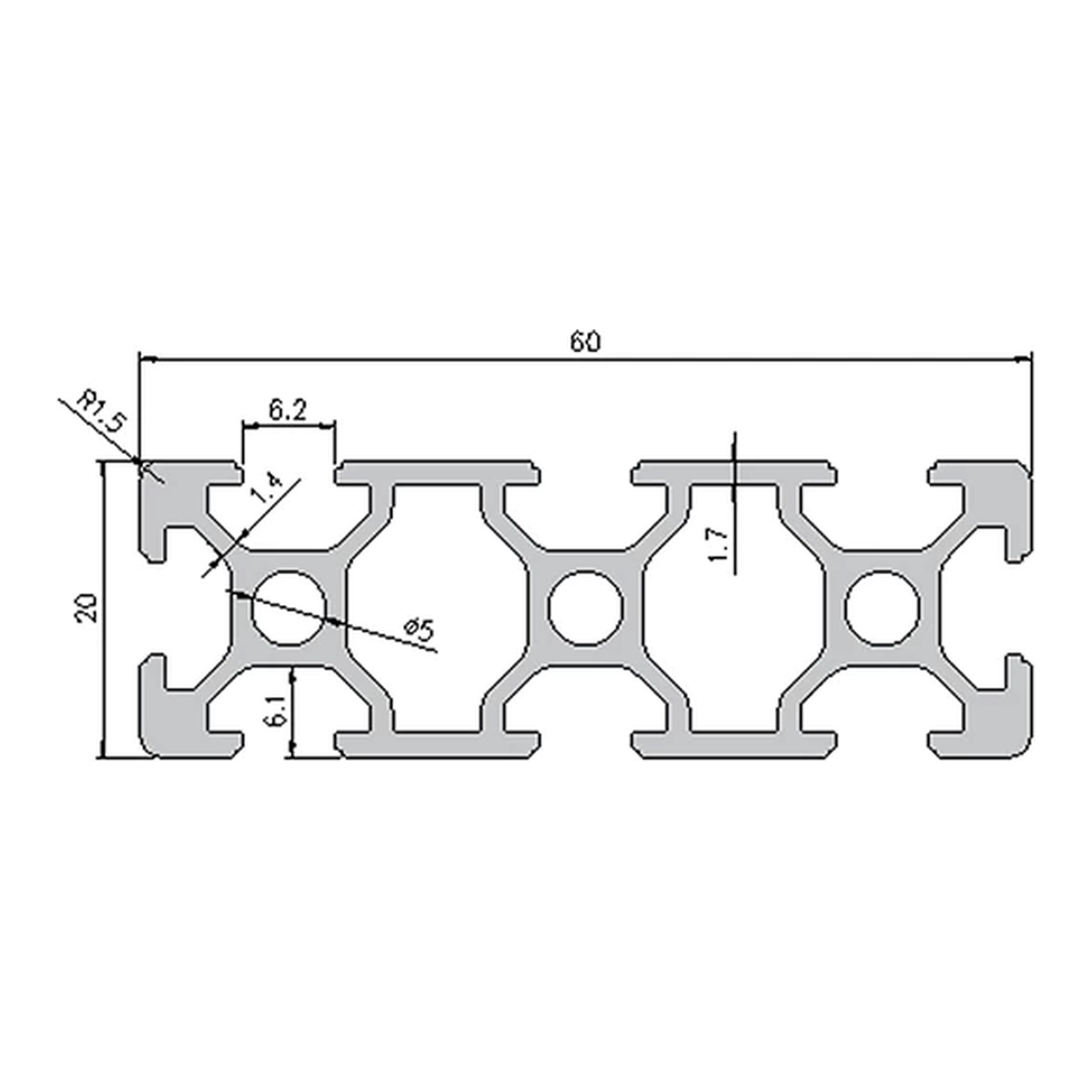 2060 profile cross-section with dimensions