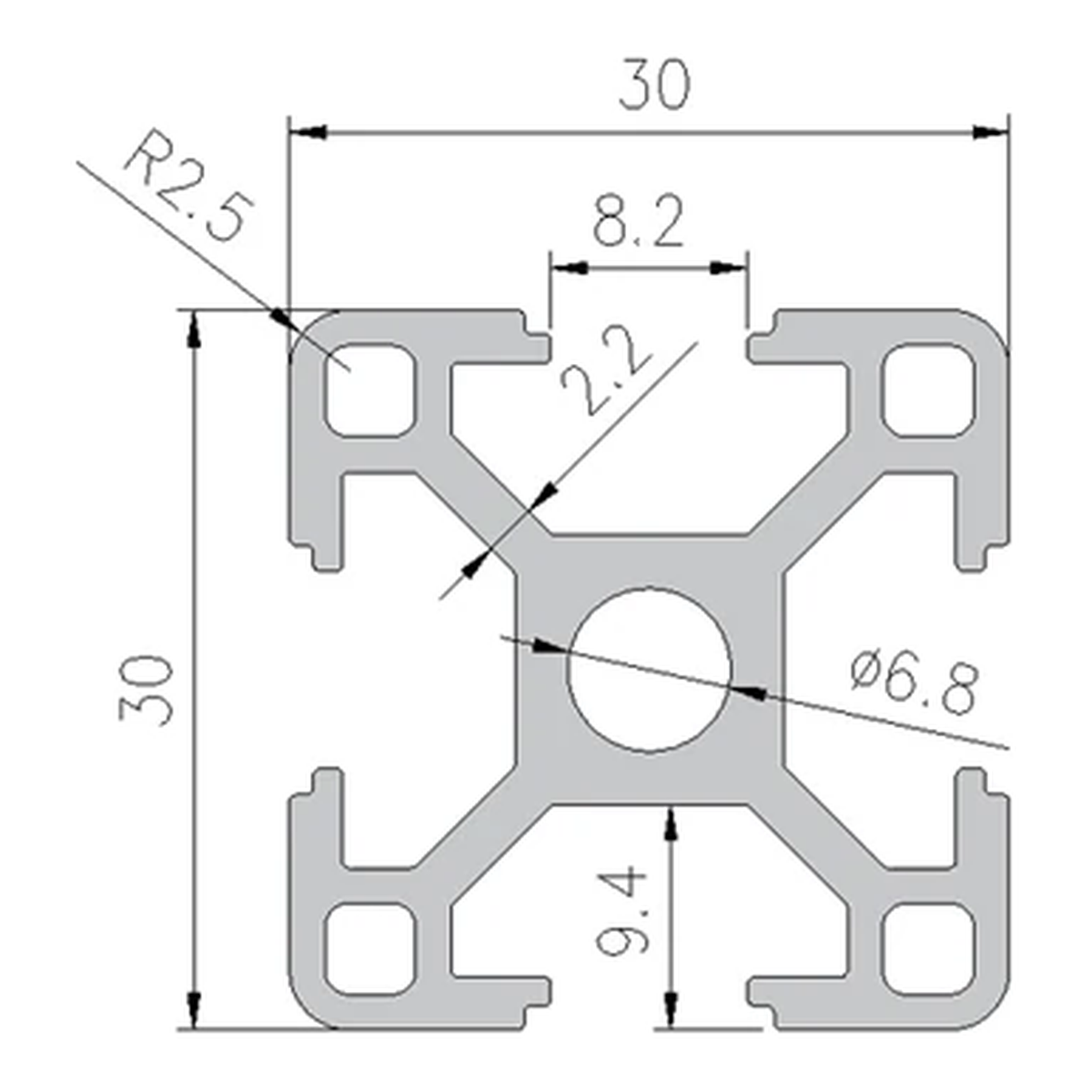 3030 profile cross-section with dimensions