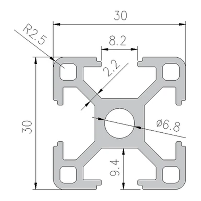 3030 profile cross-section with dimensions