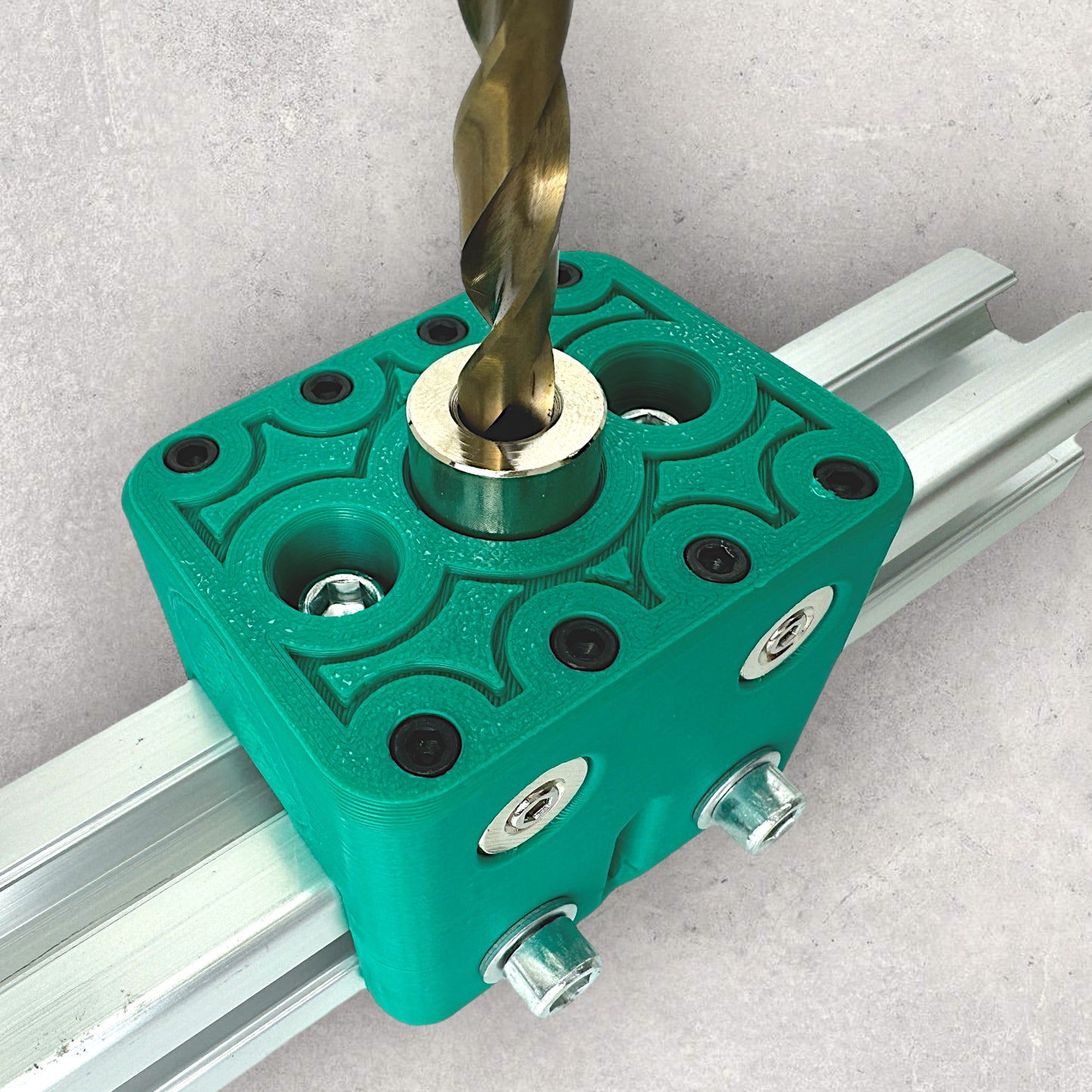 8020, 80/20, 3030, 3030 aluminum, 3030 aluminium, 30 Series, Aluminum Extrusion, Drilling Jig, Precision Drilling, Precision Hand Tool, 3030 Freehand Drilling Jig, Drill Bit Top View