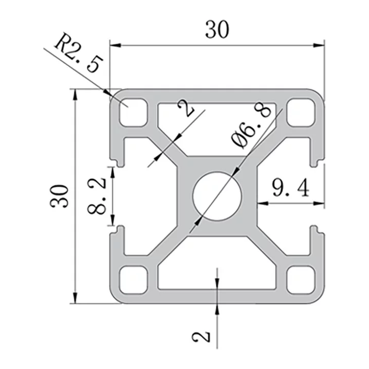 3030N2 Opposite Faces profile cross-section with dimensions
