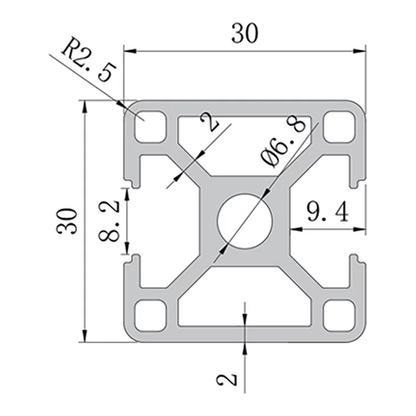 3030N2 Opposite Faces profile cross-section with dimensions