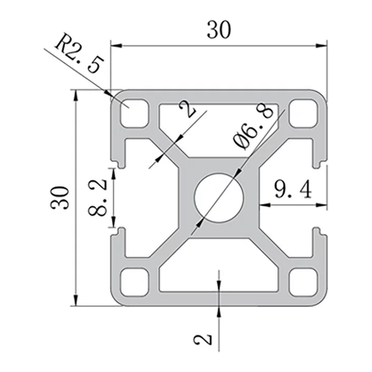 3030N2 Opposite Faces profile cross-section with dimensions