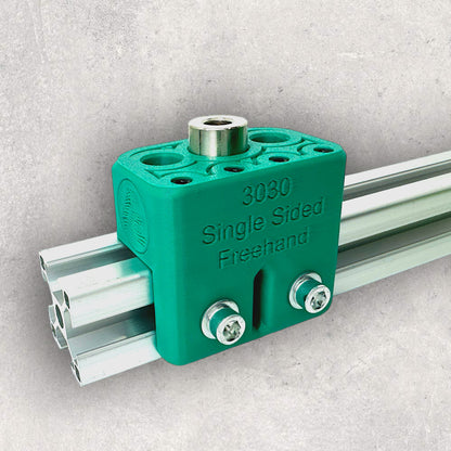 8020, 80/20, 3030, 3030 aluminum, 3030 aluminium, 30 Series, Aluminum Extrusion, Drilling Jig, Precision Drilling, Precision Hand Tool, 3030 Single Sided Freehand Drilling Jig, Drill Bit Left View