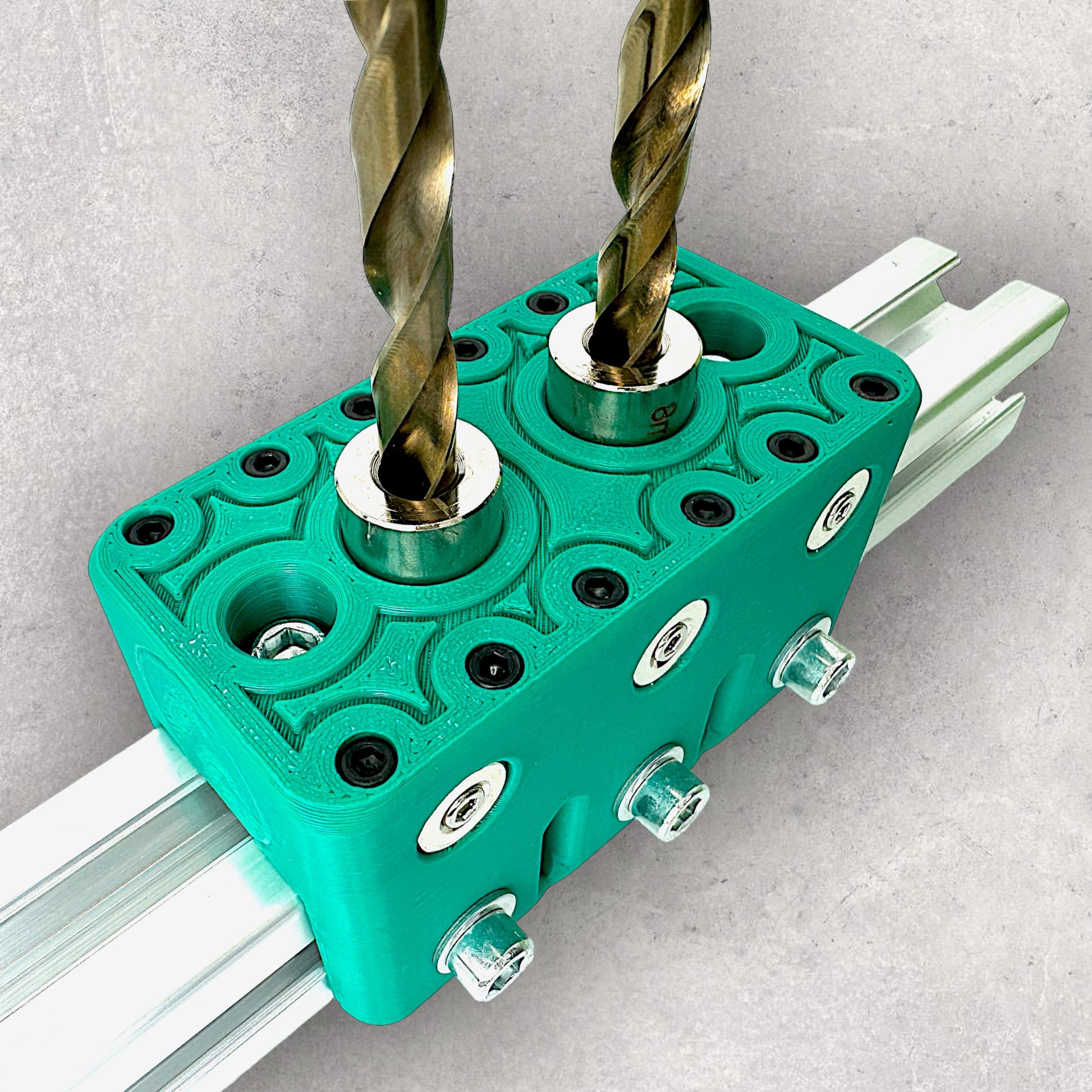 8020, 80/20, 3030, 3030 aluminum, 3030 aluminium, 30 Series, Aluminum Extrusion, Drilling Jig, Precision Drilling, Precision Hand Tool, 3030 Twin Freehand Drilling Jig, Drill Bits Top View