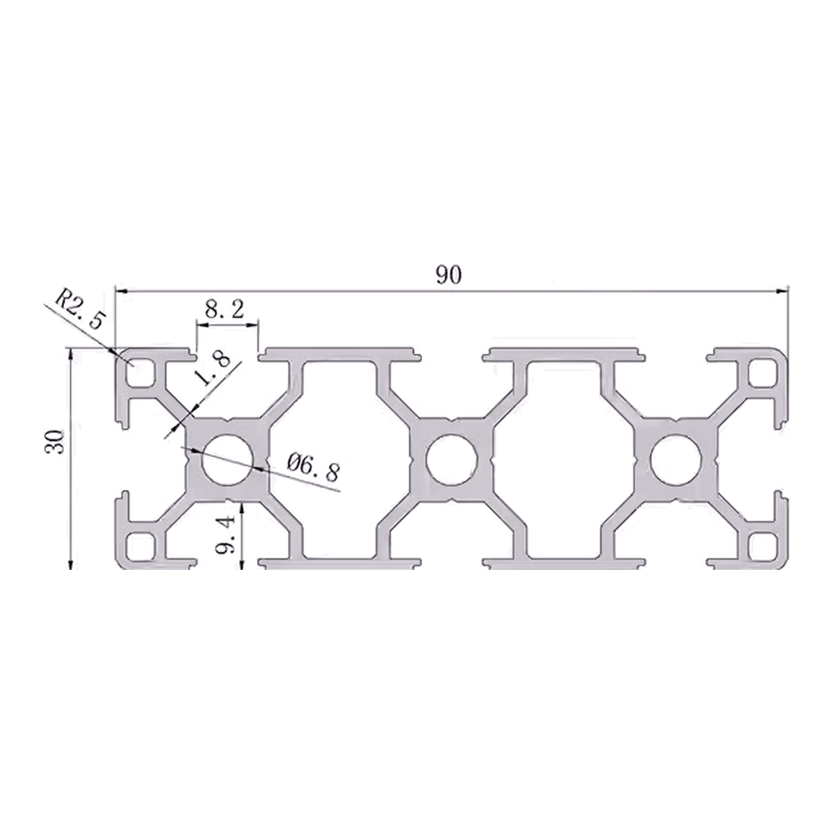 3090 profile cross-section with dimensions