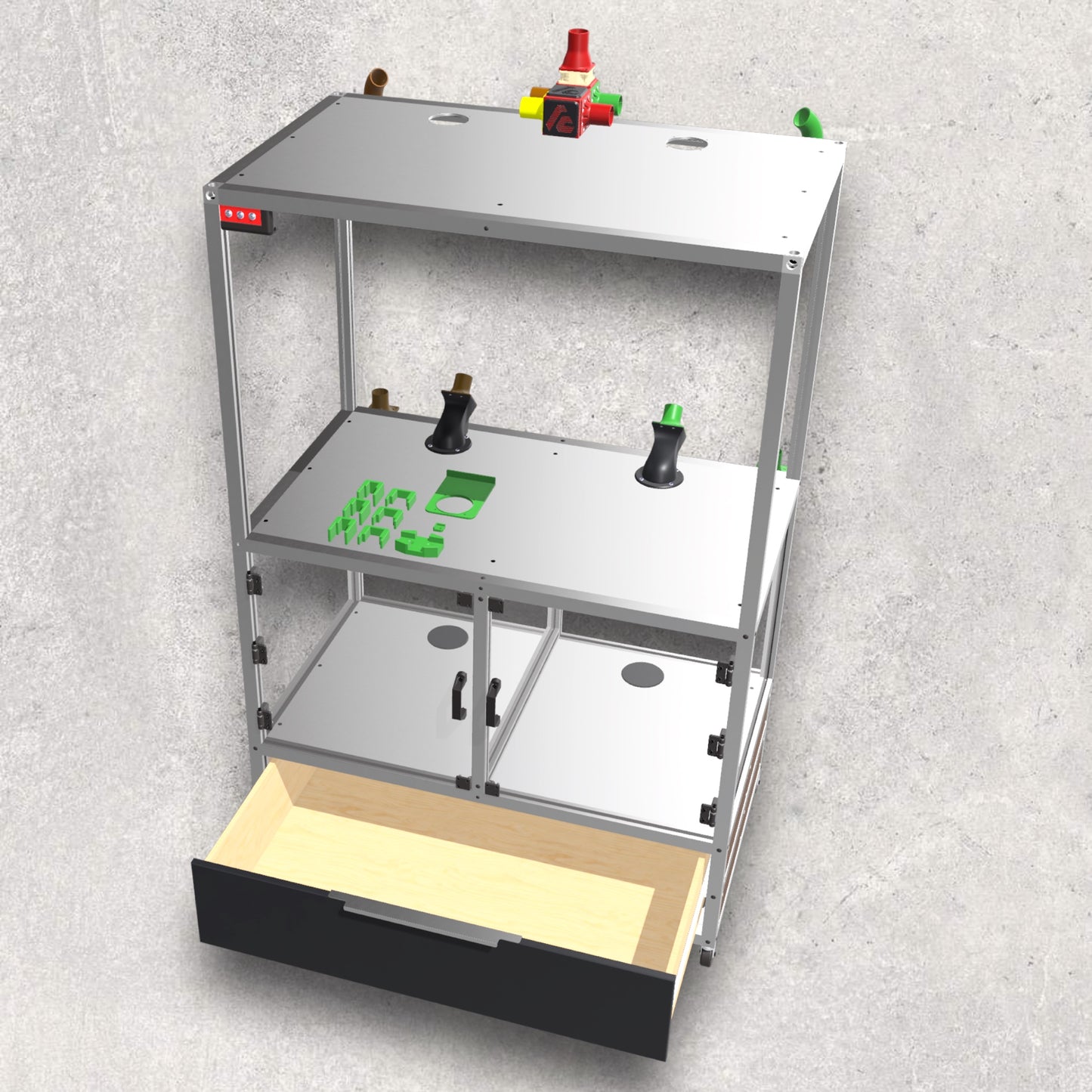 3D Printer Rack, Built-In Enclosures, Material Fusion, Exhaust System, Multiple 3D Printers, Built-In Drawer, Design, Plans, Build Plans, Aluminum Extrusion Design, CAD, CAD File, Digital Download, Digital, Aluminum Extrusion, Aluminium Extrusion, 8020, 80/20, Top View