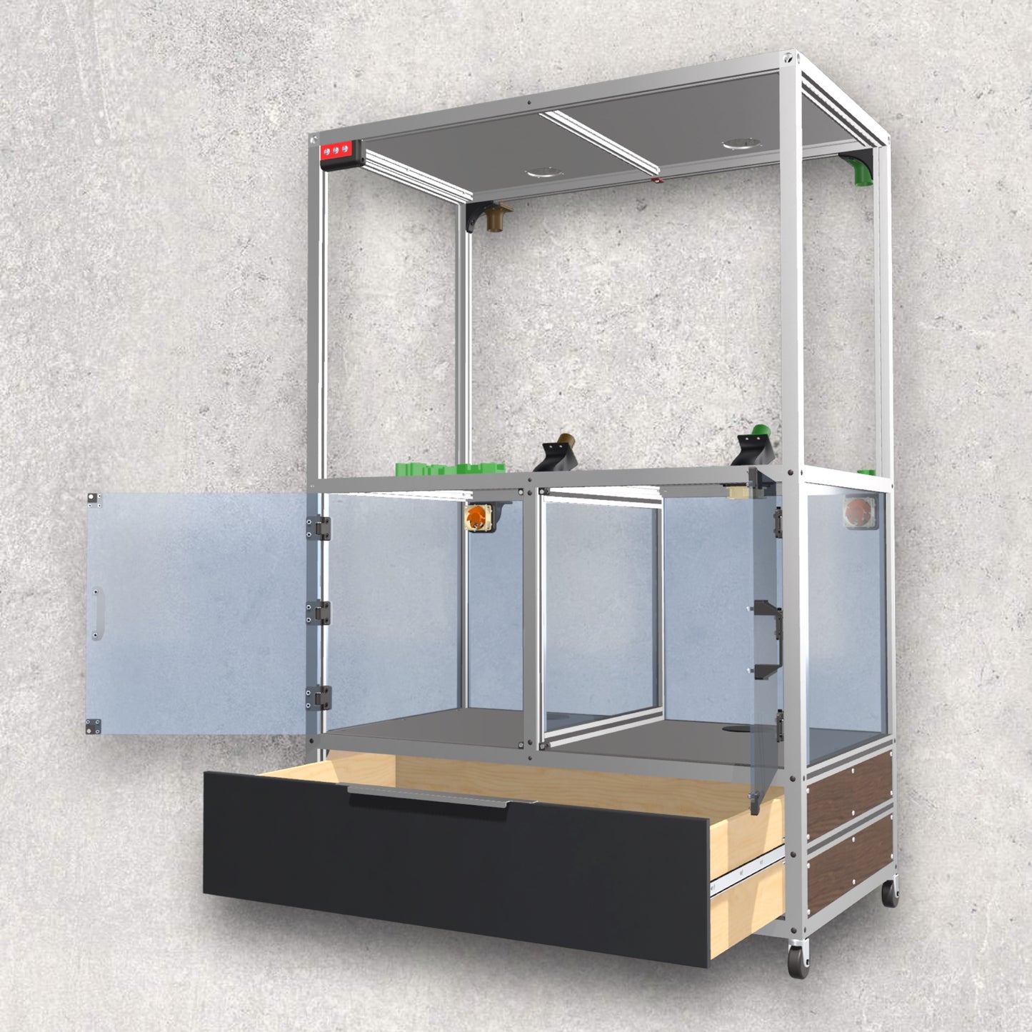 3D Printer Rack, Built-In Enclosures, Material Fusion, Exhaust System, Multiple 3D Printers, Built-In Drawer, Design, Plans, Build Plans, Aluminum Extrusion Design, CAD, CAD File, Digital Download, Digital, Aluminum Extrusion, Aluminium Extrusion, 8020, 80/20, Front View