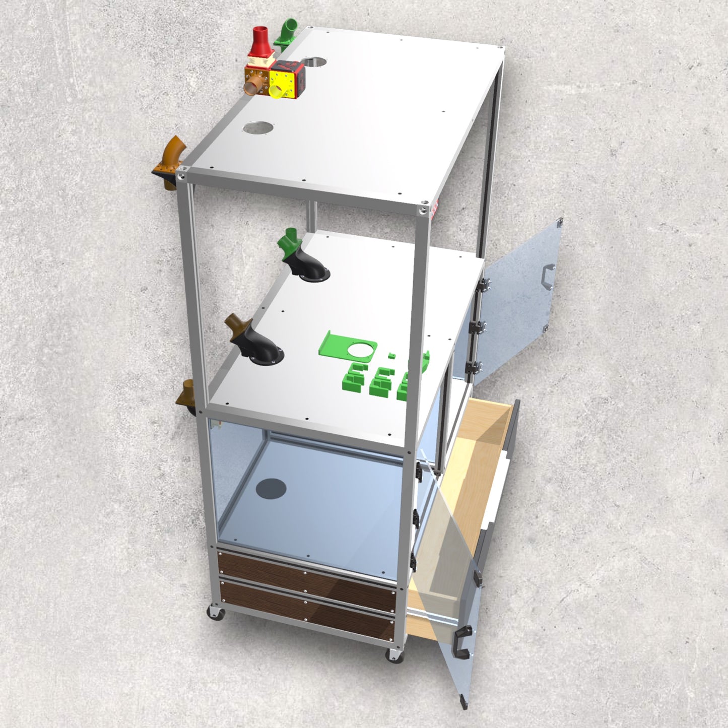 3D Printer Rack, Built-In Enclosures, Material Fusion, Exhaust System, Multiple 3D Printers, Built-In Drawer, Design, Plans, Build Plans, Aluminum Extrusion Design, CAD, CAD File, Digital Download, Digital, Aluminum Extrusion, Aluminium Extrusion, 8020, 80/20, Top View