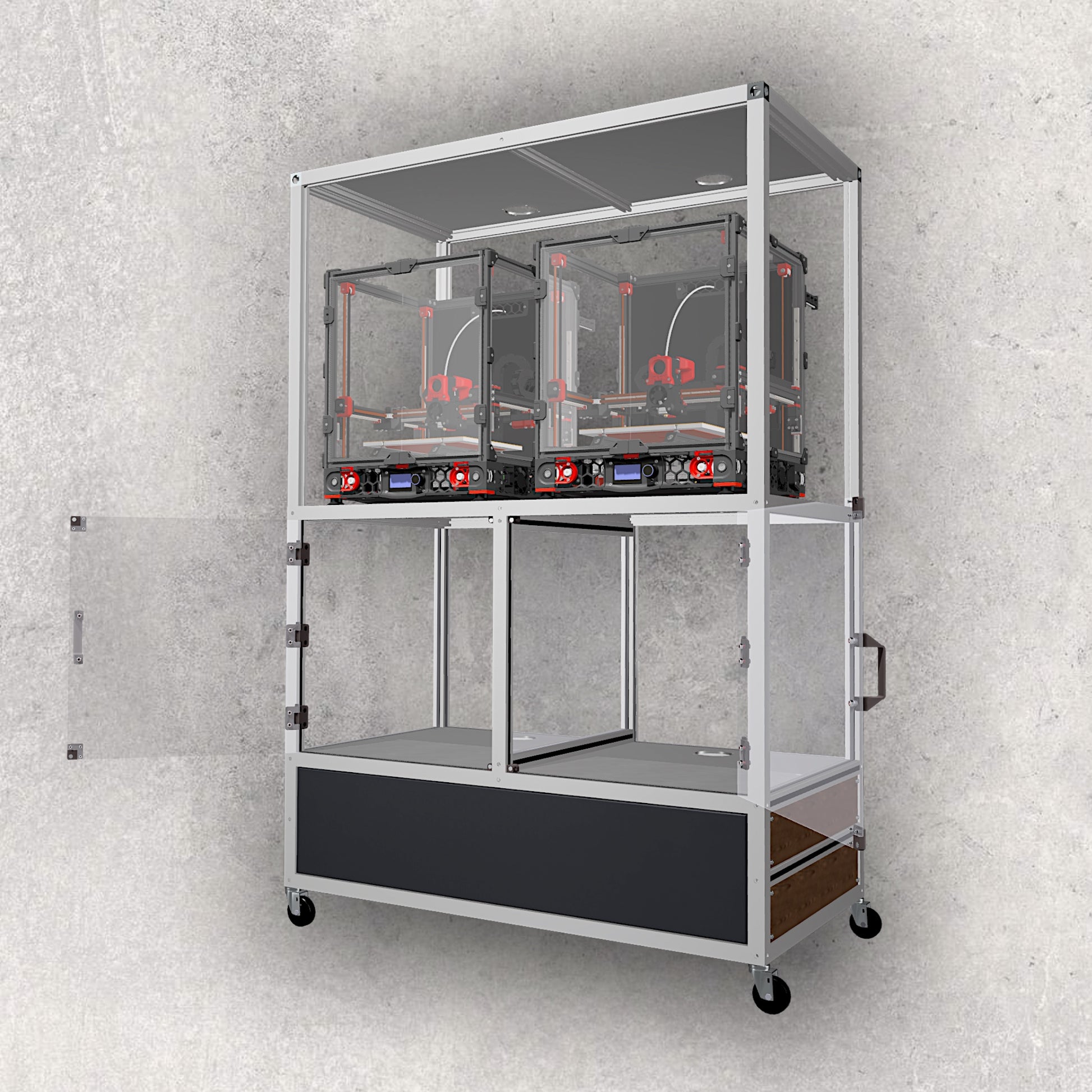 3D Printer Rack, Built-In Enclosures, Material Fusion, Multiple 3D Printers, Built-In Drawer, Design, Plans, Build Plans, Aluminum Extrusion Design, CAD, CAD File, Digital Download, Digital, Aluminum Extrusion, Aluminium Extrusion, 8020, 80/20, Front View