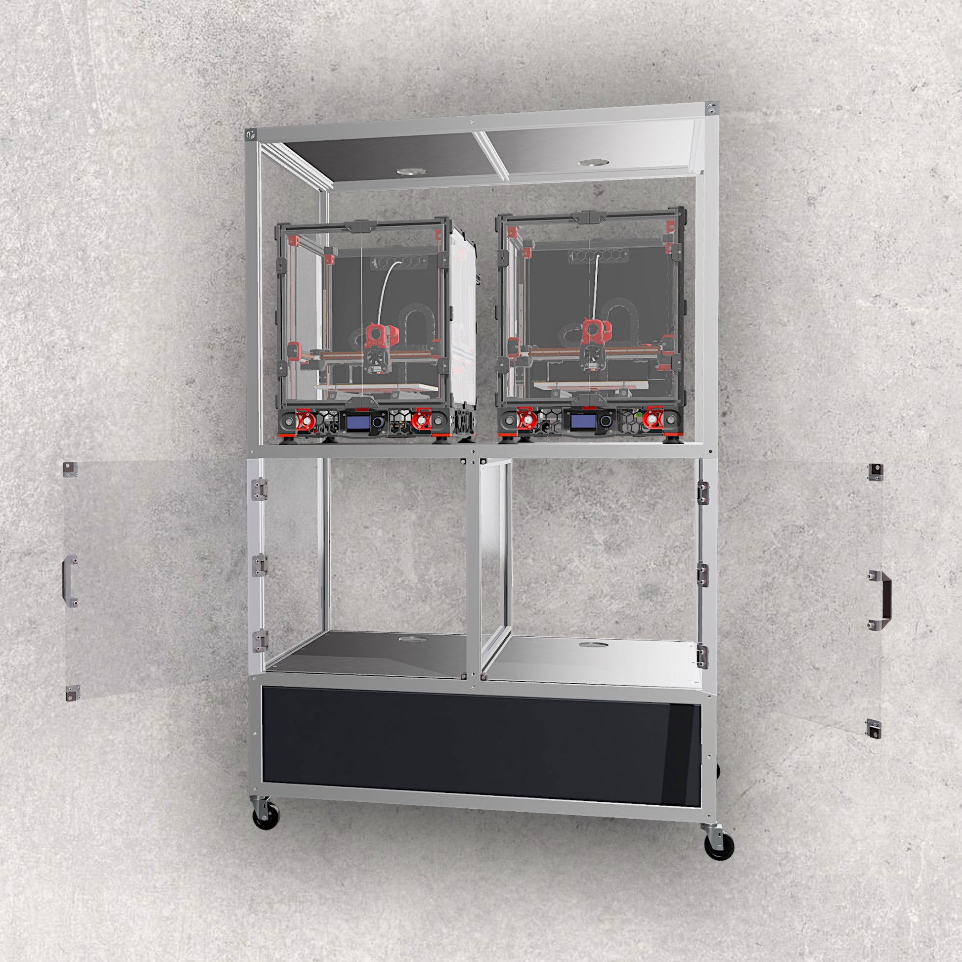 3D Printer Rack, Built-In Enclosures, Material Fusion, Multiple 3D Printers, Built-In Drawer, Design, Plans, Build Plans, Aluminum Extrusion Design, CAD, CAD File, Digital Download, Digital, Aluminum Extrusion, Aluminium Extrusion, 8020, 80/20, Front View