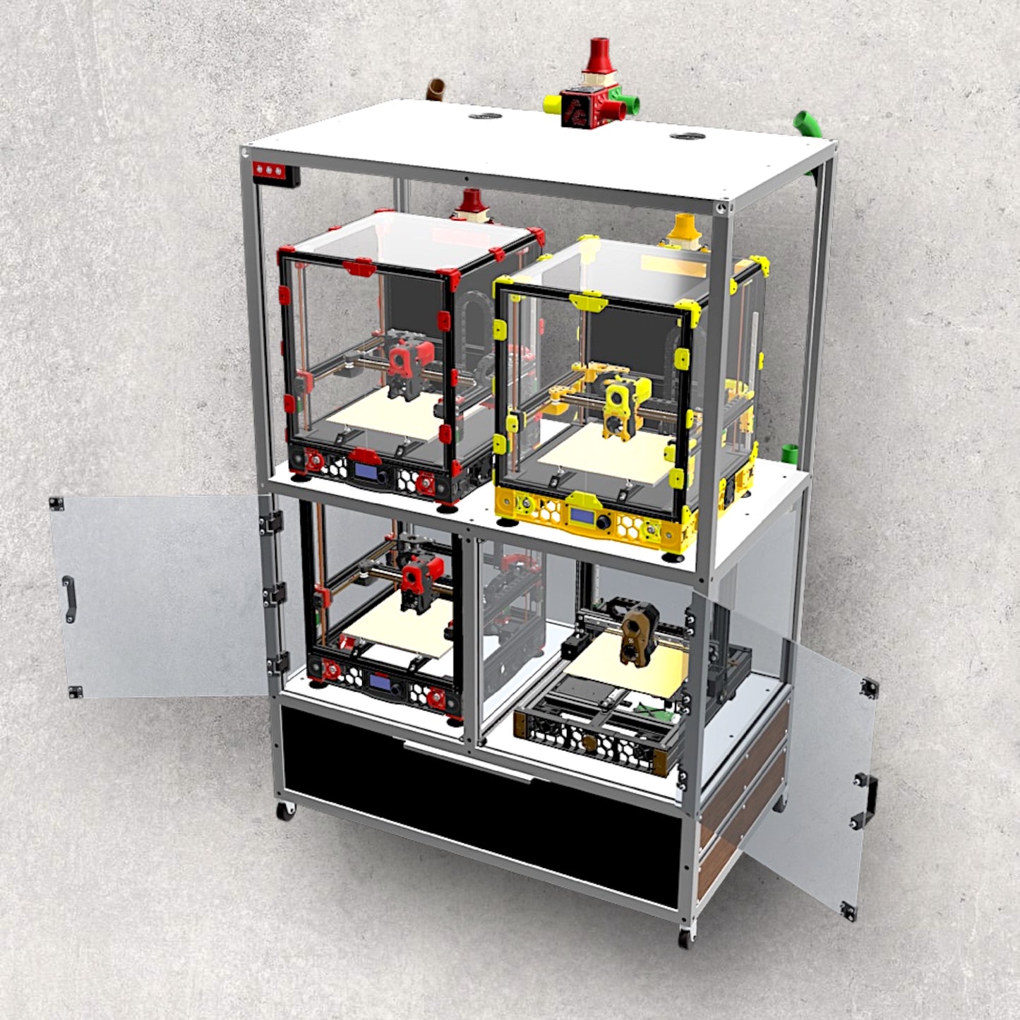 3D Printer Rack, Built-In Enclosures, Material Fusion, Exhaust System, Multiple 3D Printers, Built-In Drawer, Design, Plans, Build Plans, Aluminum Extrusion Design, CAD, CAD File, Digital Download, Digital, Aluminum Extrusion, Aluminium Extrusion, 8020, 80/20, Front View