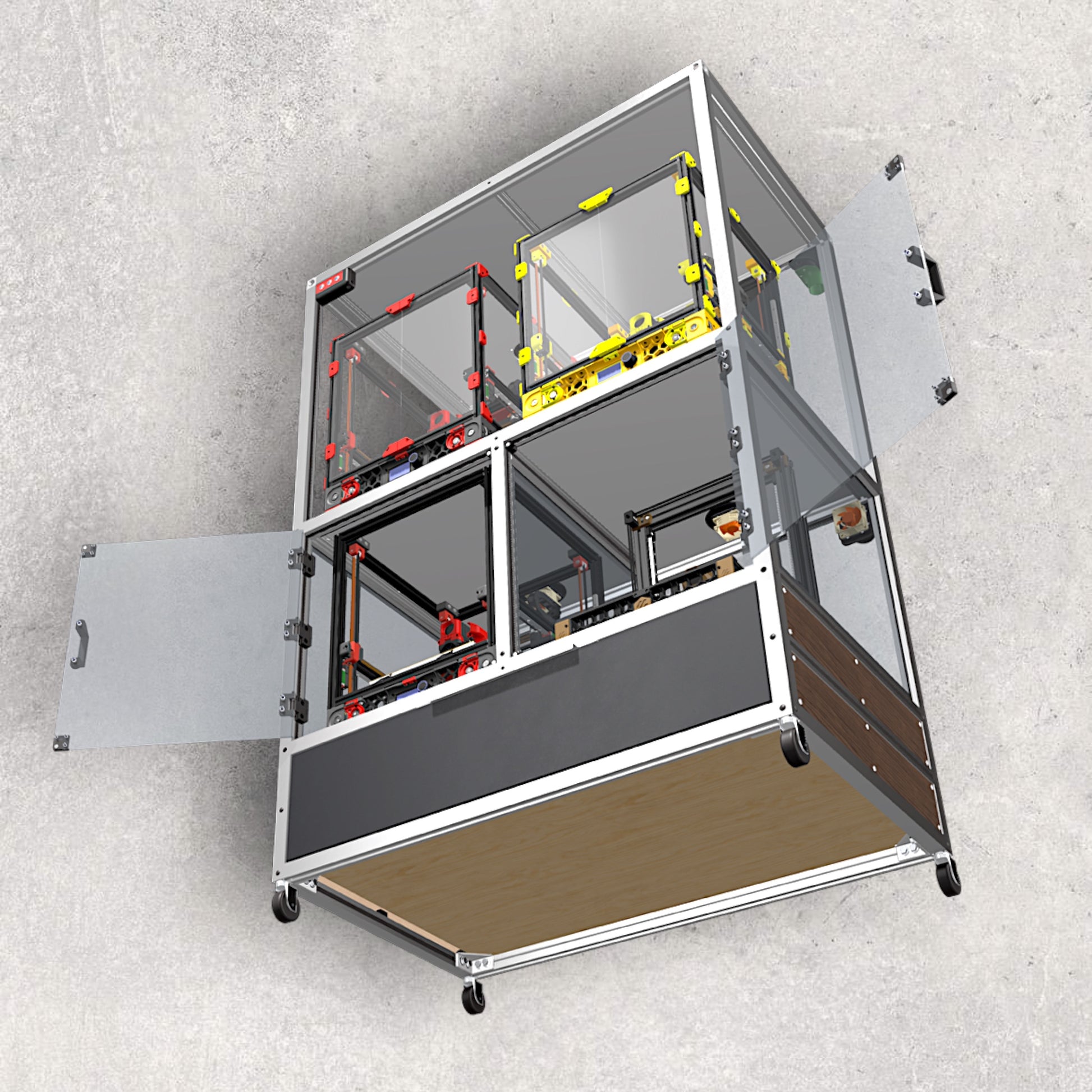 3D Printer Rack, Built-In Enclosures, Material Fusion, Exhaust System, Multiple 3D Printers, Built-In Drawer, Design, Plans, Build Plans, Aluminum Extrusion Design, CAD, CAD File, Digital Download, Digital, Aluminum Extrusion, Aluminium Extrusion, 8020, 80/20, Bottom View