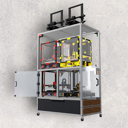 3D Printer Rack, Built-In Enclosures, Material Fusion, Exhaust System, Multiple 3D Printers, Built-In Drawer, Design, Plans, Build Plans, Aluminum Extrusion Design, CAD, CAD File, Digital Download, Digital, Aluminum Extrusion, Aluminium Extrusion, 8020, 80/20, Front View