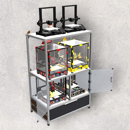 3D Printer Rack, Built-In Enclosures, Material Fusion, Exhaust System, Multiple 3D Printers, Built-In Drawer, Design, Plans, Build Plans, Aluminum Extrusion Design, CAD, CAD File, Digital Download, Digital, Aluminum Extrusion, Aluminium Extrusion, 8020, 80/20, Front View