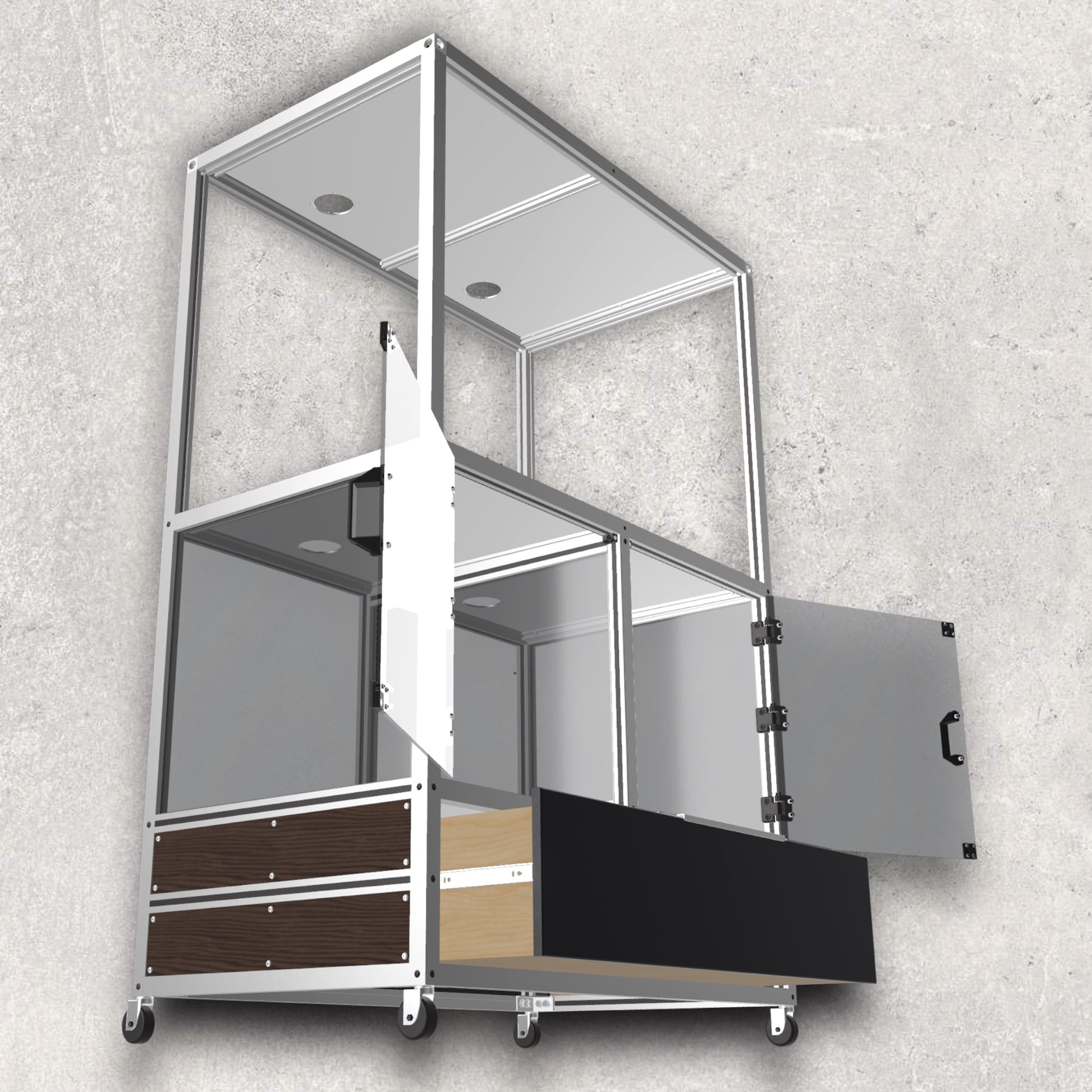 3D Printer Rack, Built-In Enclosures, Material Fusion, Multiple 3D Printers, Built-In Drawer, Design, Plans, Build Plans, Aluminum Extrusion Design, CAD, CAD File, Digital Download, Digital, Aluminum Extrusion, Aluminium Extrusion, 8020, 80/20, Opened View