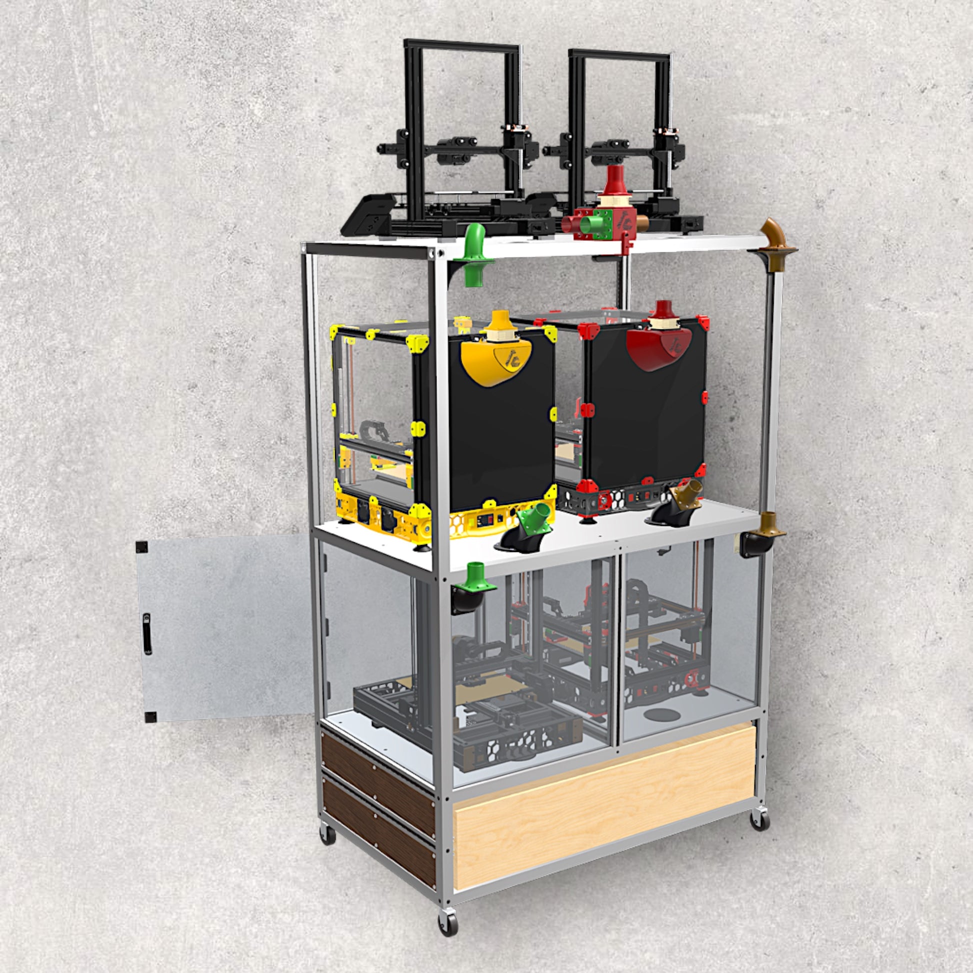 3D Printer Rack, Built-In Enclosures, Material Fusion, Exhaust System, Multiple 3D Printers, Built-In Drawer, Design, Plans, Build Plans, Aluminum Extrusion Design, CAD, CAD File, Digital Download, Digital, Aluminum Extrusion, Aluminium Extrusion, 8020, 80/20, Back View