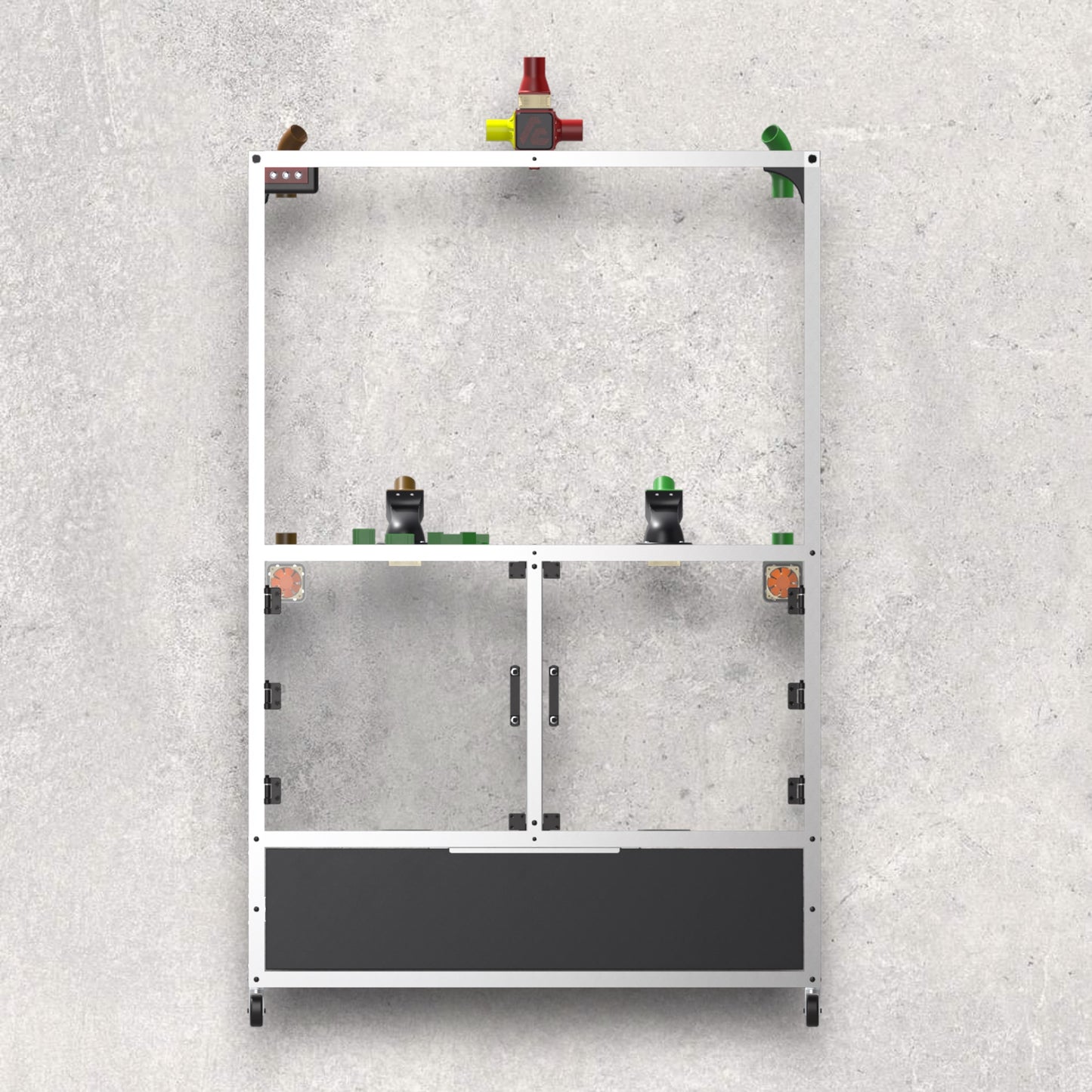 3D Printer Rack, Built-In Enclosures, Material Fusion, Exhaust System, Multiple 3D Printers, Built-In Drawer, Design, Plans, Build Plans, Aluminum Extrusion Design, CAD, CAD File, Digital Download, Digital, Aluminum Extrusion, Aluminium Extrusion, 8020, 80/20, 2D Front View