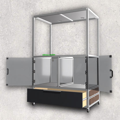 3D Printer Rack, Built-In Enclosures, Material Fusion, Multiple 3D Printers, Built-In Drawer, Design, Plans, Build Plans, Aluminum Extrusion Design, CAD, CAD File, Digital Download, Digital, Aluminum Extrusion, Aluminium Extrusion, 8020, 80/20, Opened View