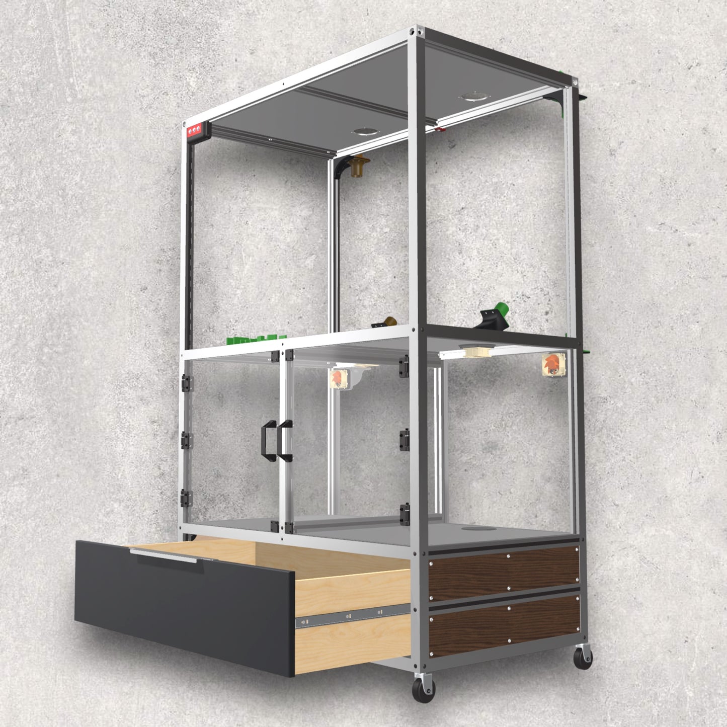 3D Printer Rack, Built-In Enclosures, Material Fusion, Exhaust System, Multiple 3D Printers, Built-In Drawer, Design, Plans, Build Plans, Aluminum Extrusion Design, CAD, CAD File, Digital Download, Digital, Aluminum Extrusion, Aluminium Extrusion, 8020, 80/20, Right View