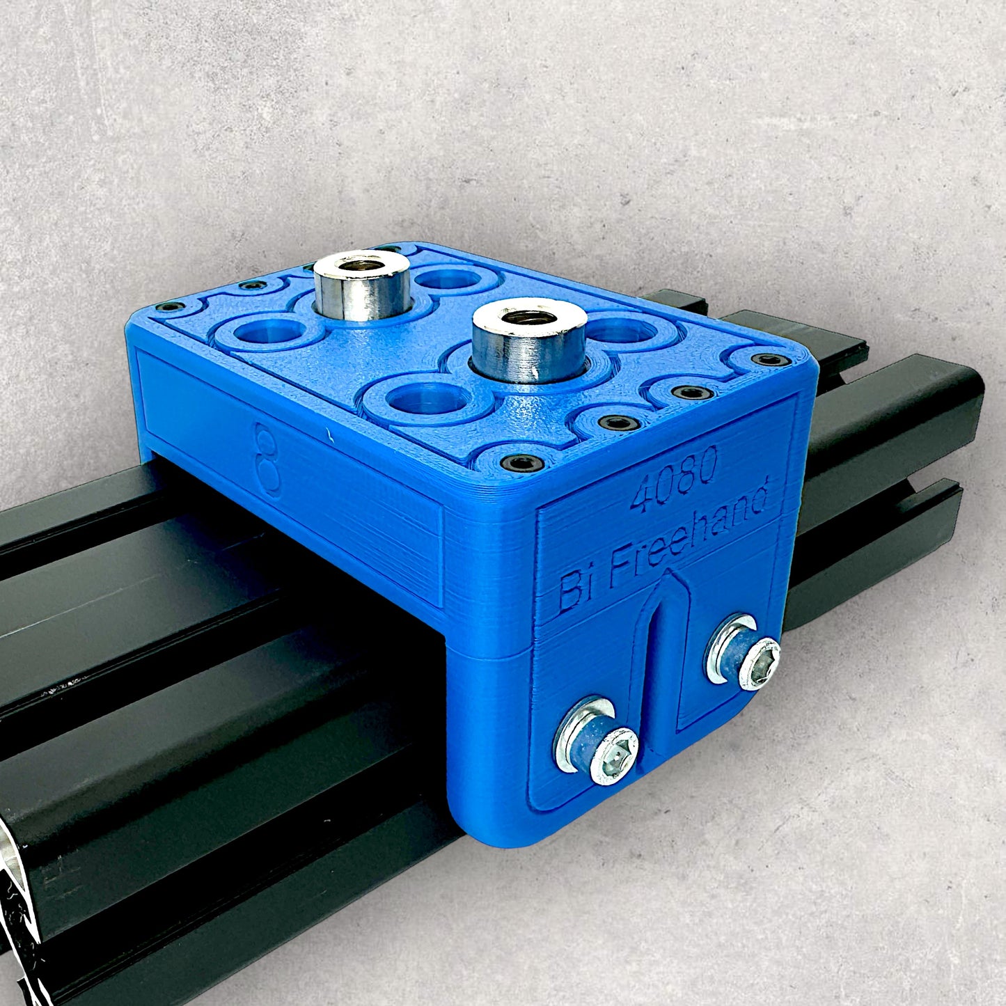 8020, 80/20, 4040, 4080, 4040 aluminum, 4080 aluminum, 4040 aluminium, 4080 aluminium, 40 Series, Aluminum Extrusion, Drilling Jig, Precision Drilling, Precision Hand Tool, 4080 Bi Freehand Drilling Jig, Front Right View