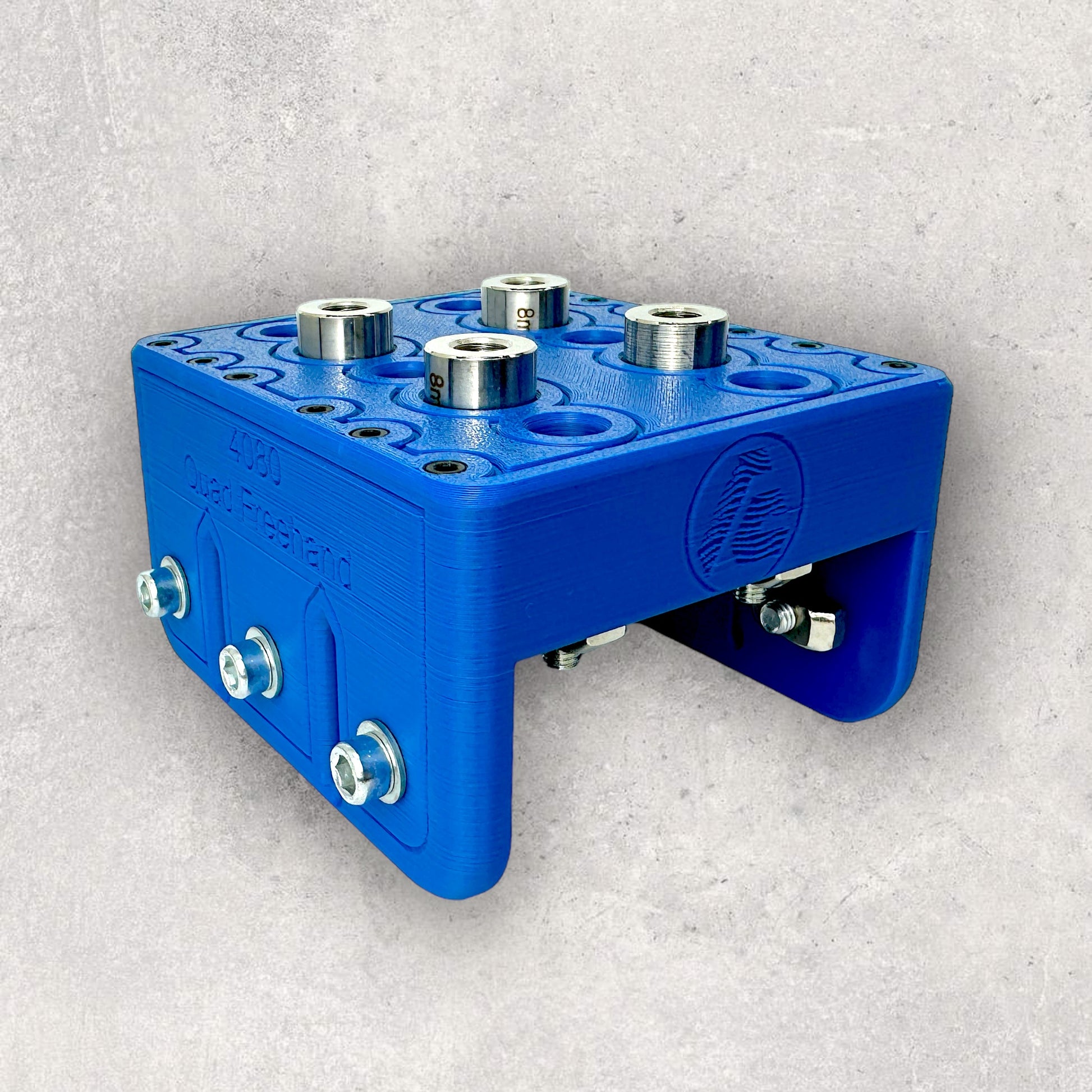 8020, 80/20, 4040, 4080, 4040 aluminum, 4080 aluminum, 4040 aluminium, 4080 aluminium, 40 Series, Aluminum Extrusion, Drilling Jig, Precision Drilling, Precision Hand Tool, 4080 Quad Freehand Drilling Jig, Front Right View