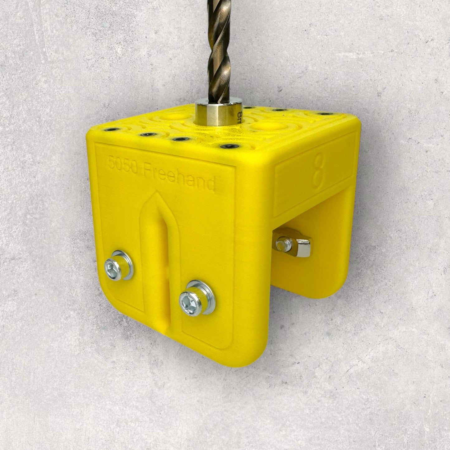 8020, 80/20, 5050, 5050 aluminum, 5050 aluminium, 50 Series, Aluminum Extrusion, Drilling Jig, Precision Drilling, Precision Hand Tool, 5050 Freehand Drilling Jig, Drill Bits Front Left View