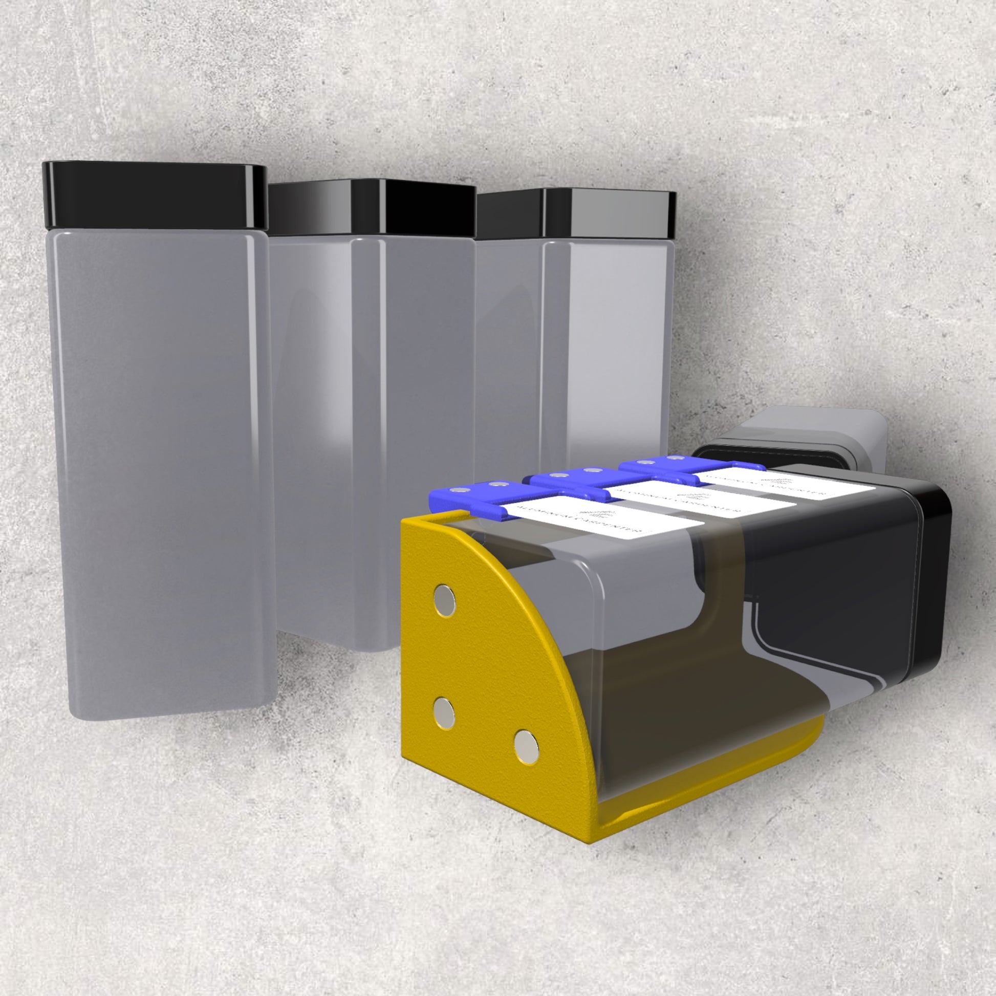 Labelling, label, bottle labelling, labelling system, 3d printed, 3d printer, 3d printing, 3d print, magnetic assembly, magnetic, the aluminum carpenter, digital, download, magnetic solutions, organized labelling, front bottles view