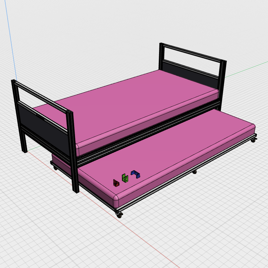 aluminum extrusion double bed, slide out under bed, single size bed, digital download, aluminum extrusion structure, build plan, cad, the aluminum carpenter, 8020, 80/20, 3d model