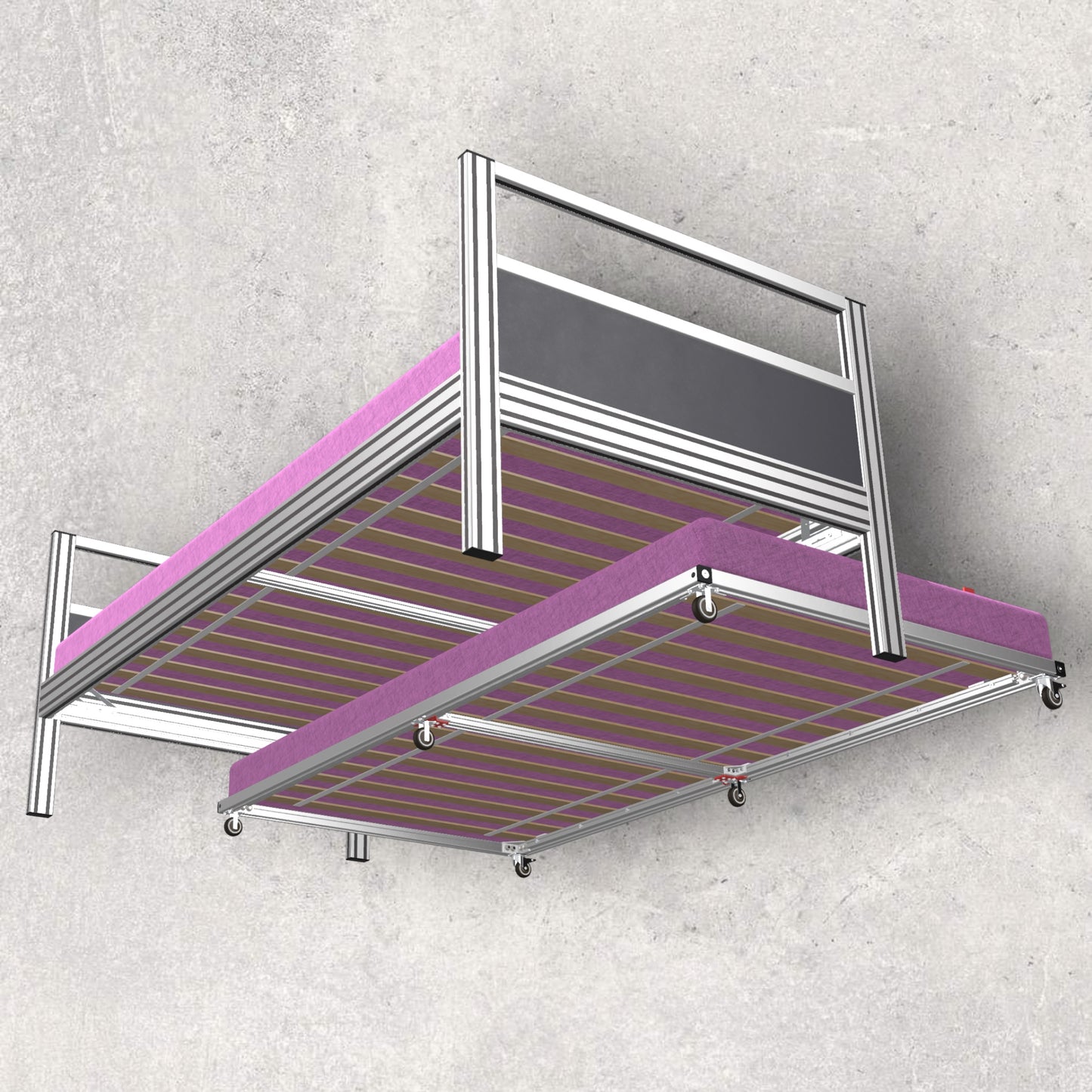 aluminum extrusion double bed, slide out under bed, single size bed, digital download, aluminum extrusion structure, build plan, cad, the aluminum carpenter, 8020, 80/20, bottom view