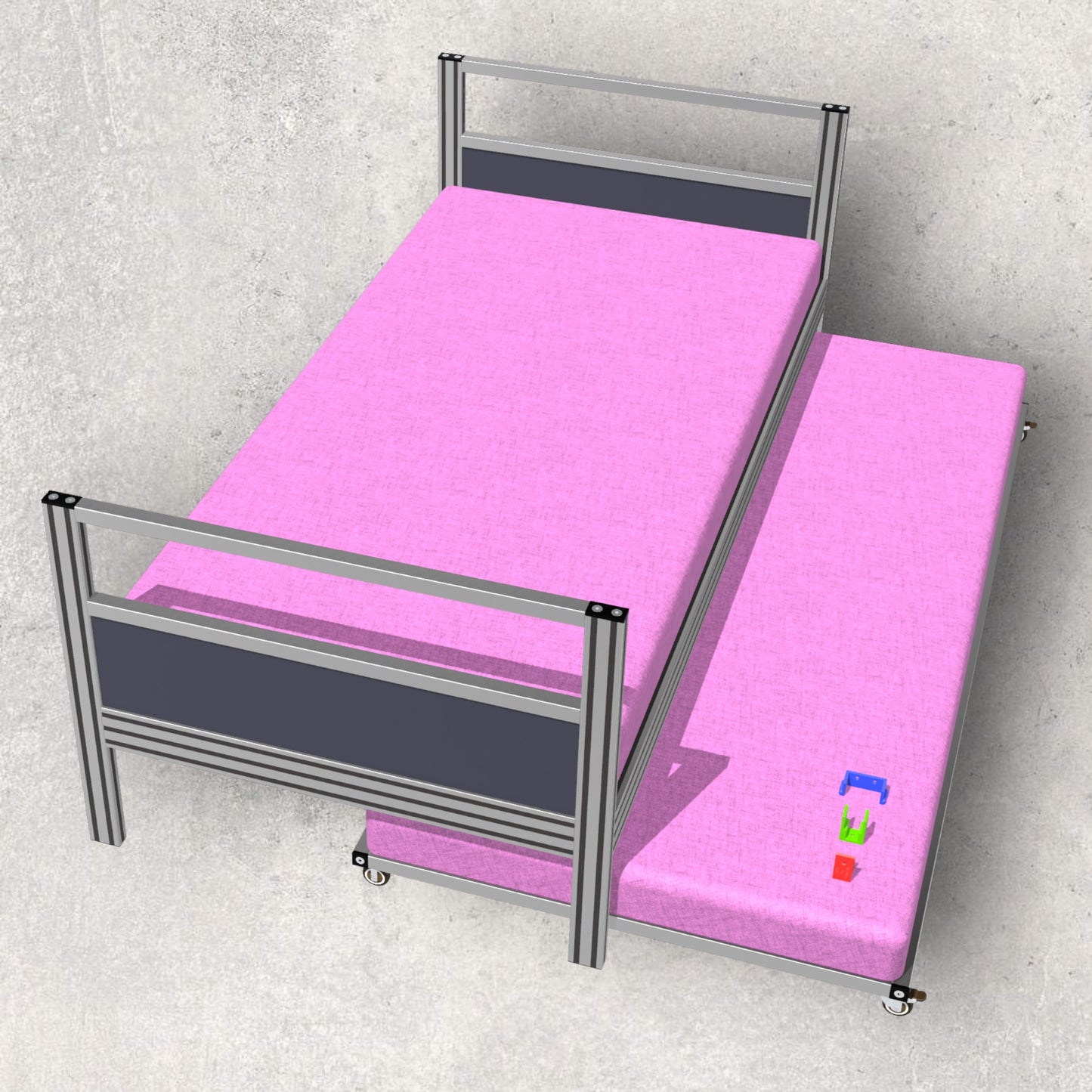 aluminum extrusion double bed, slide out under bed, single size bed, digital download, aluminum extrusion structure, build plan, cad, the aluminum carpenter, 8020, 80/20, top view