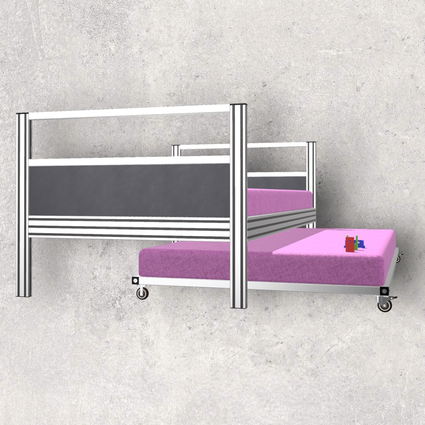 aluminum extrusion double bed, slide out under bed, single size bed, digital download, aluminum extrusion structure, build plan, cad, the aluminum carpenter, 8020, 80/20, side view