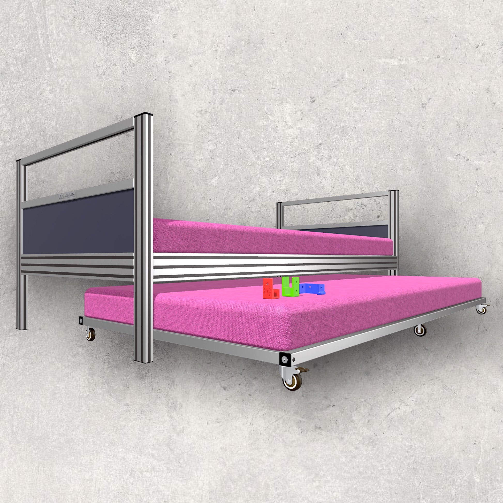 aluminum extrusion double bed, slide out under bed, single size bed, digital download, aluminum extrusion structure, build plan, cad, the aluminum carpenter, 8020, 80/20, main view